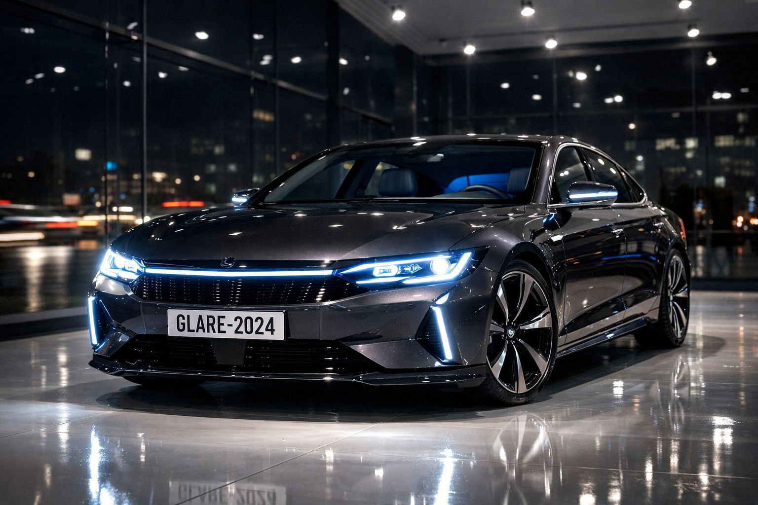 Carro desportivo preto parado num piso brilhante com faróis dianteiros LED ligados à noite.