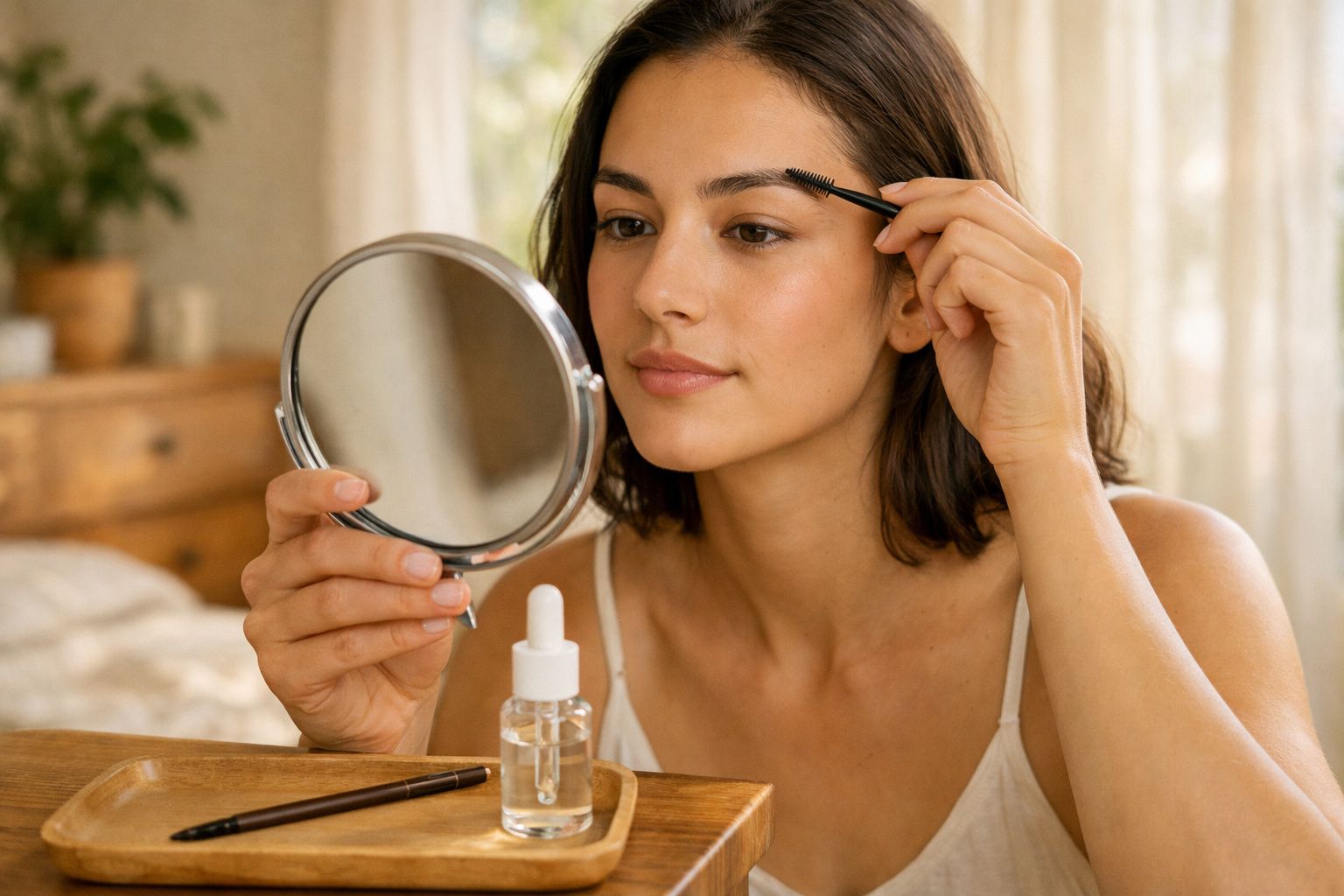 Mulher a pentear as sobrancelhas enquanto se observa num espelho de mão num quarto iluminado.