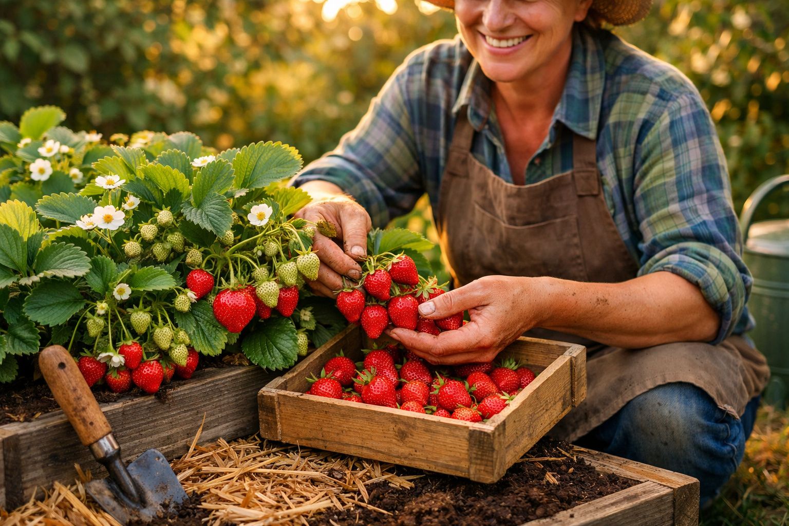 Pessoa a colher morangos frescos num caixote de madeira numa horta ao ar livre durante o dia.