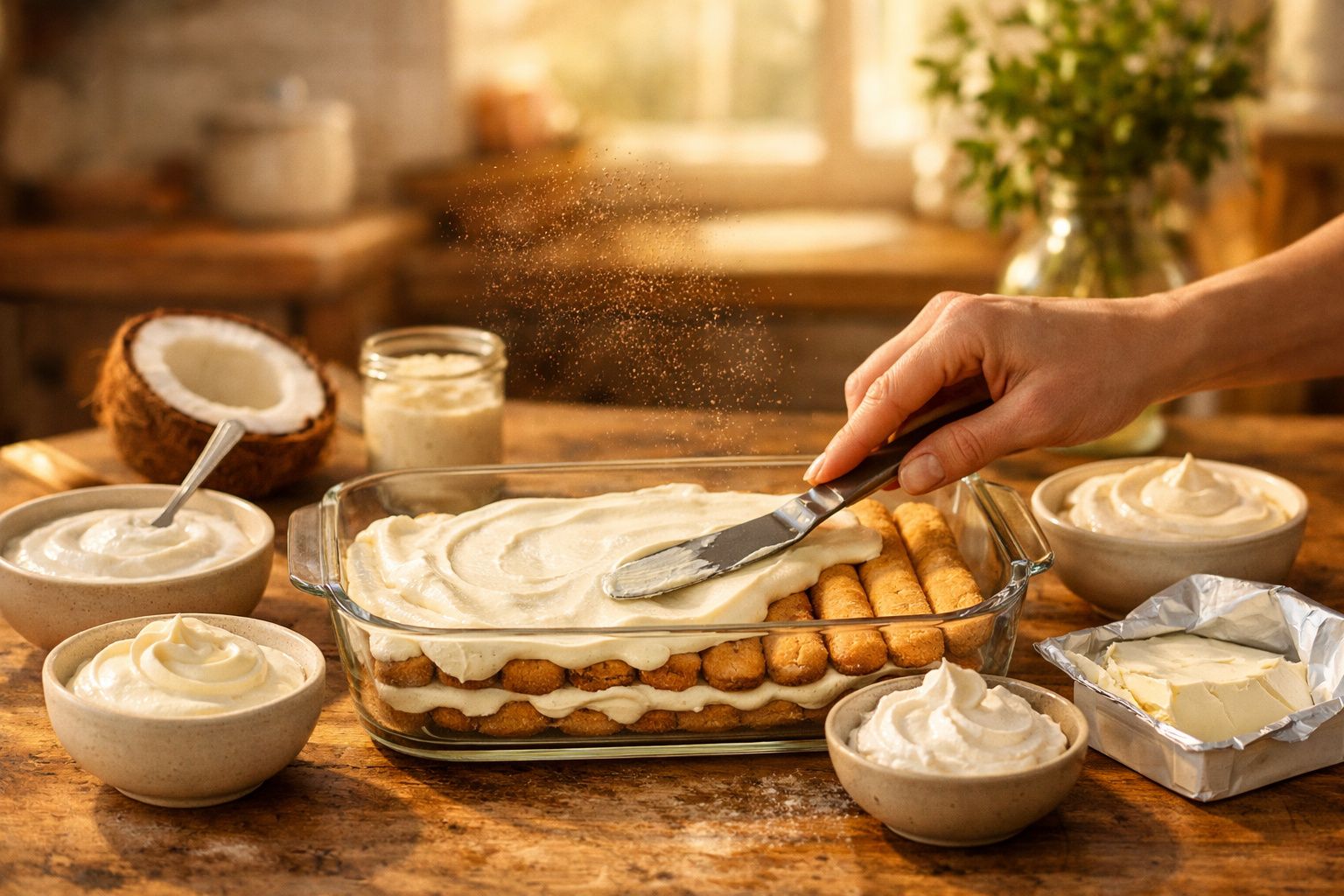 Mão a espalhar creme sobre camadas de palitos em travessa de vidro, rodeada de tigelas com creme e coco partido.