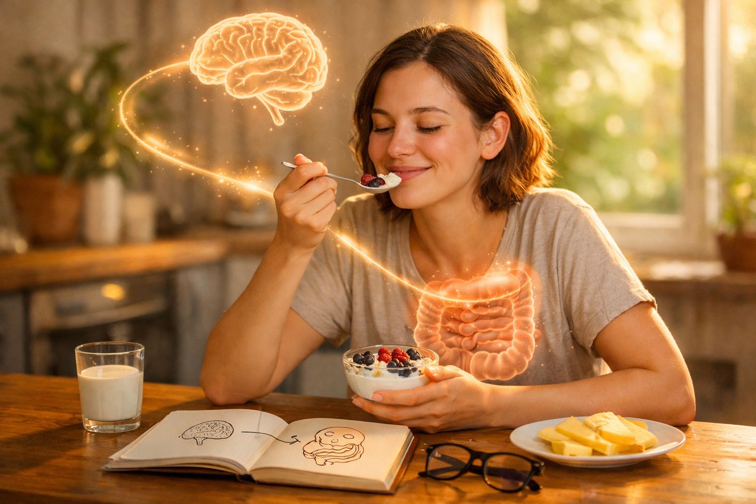 Mulher a comer iogurte com frutos vermelhos, ilustrando a ligação entre intestino e cérebro.