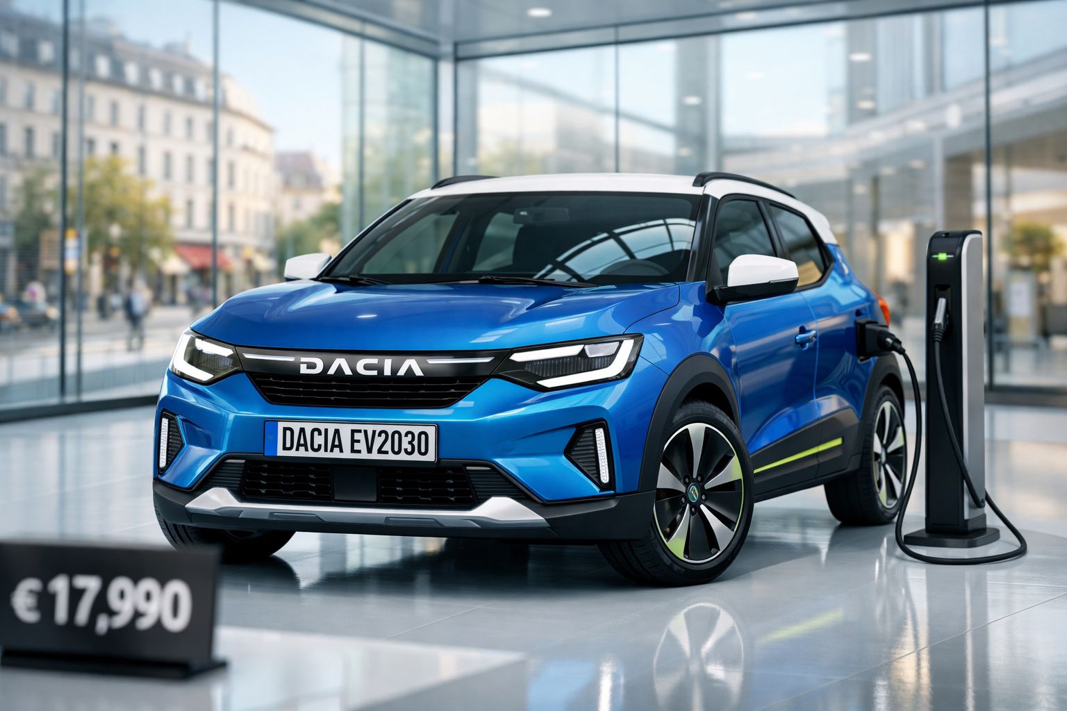 Carro elétrico azul Dacia EV2030 a carregar numa estação de carregamento num espaço fechado moderno.