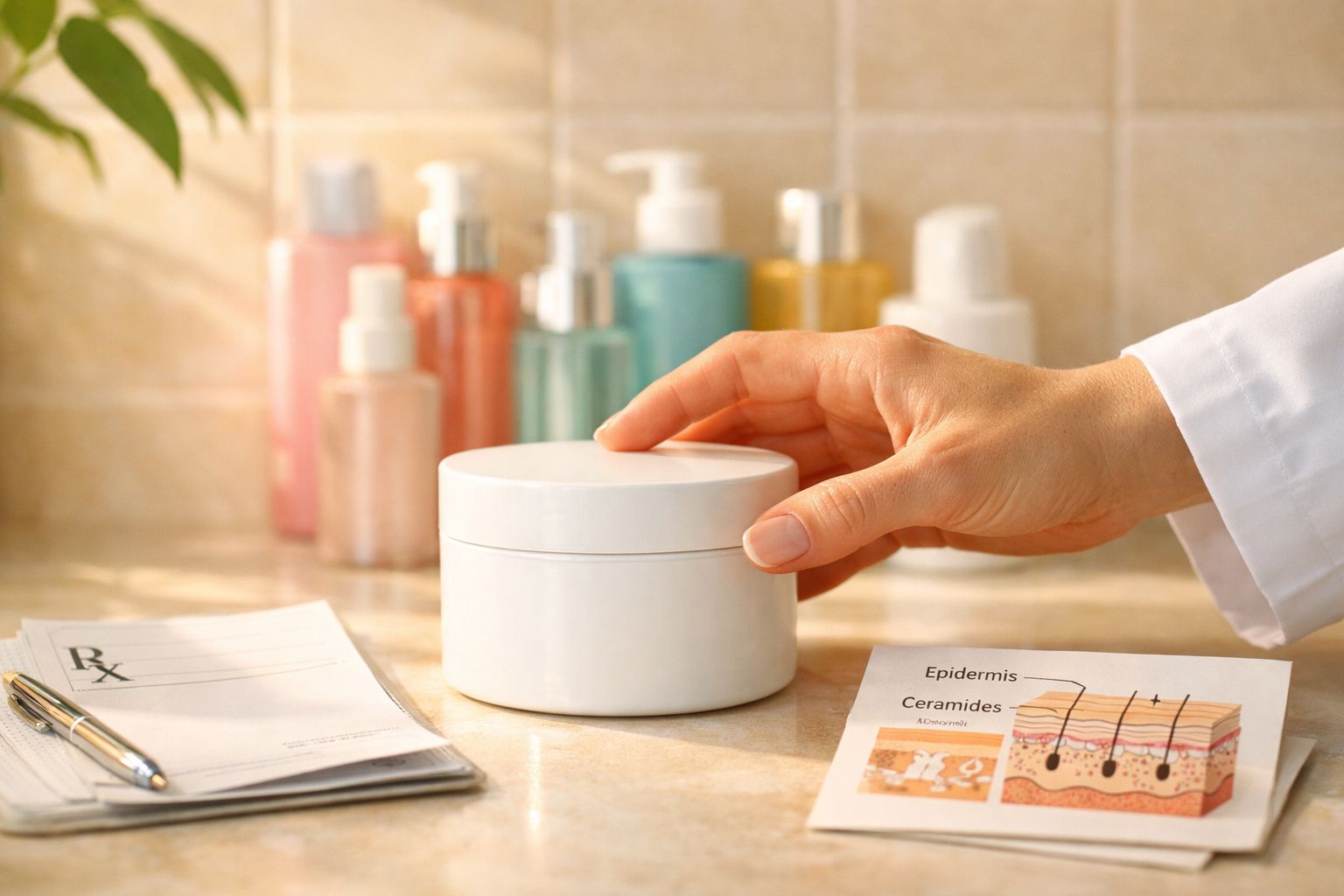 Mão feminina a pegar um frasco branco sobre bancada com cremes, papéis médicos e ilustração da pele.