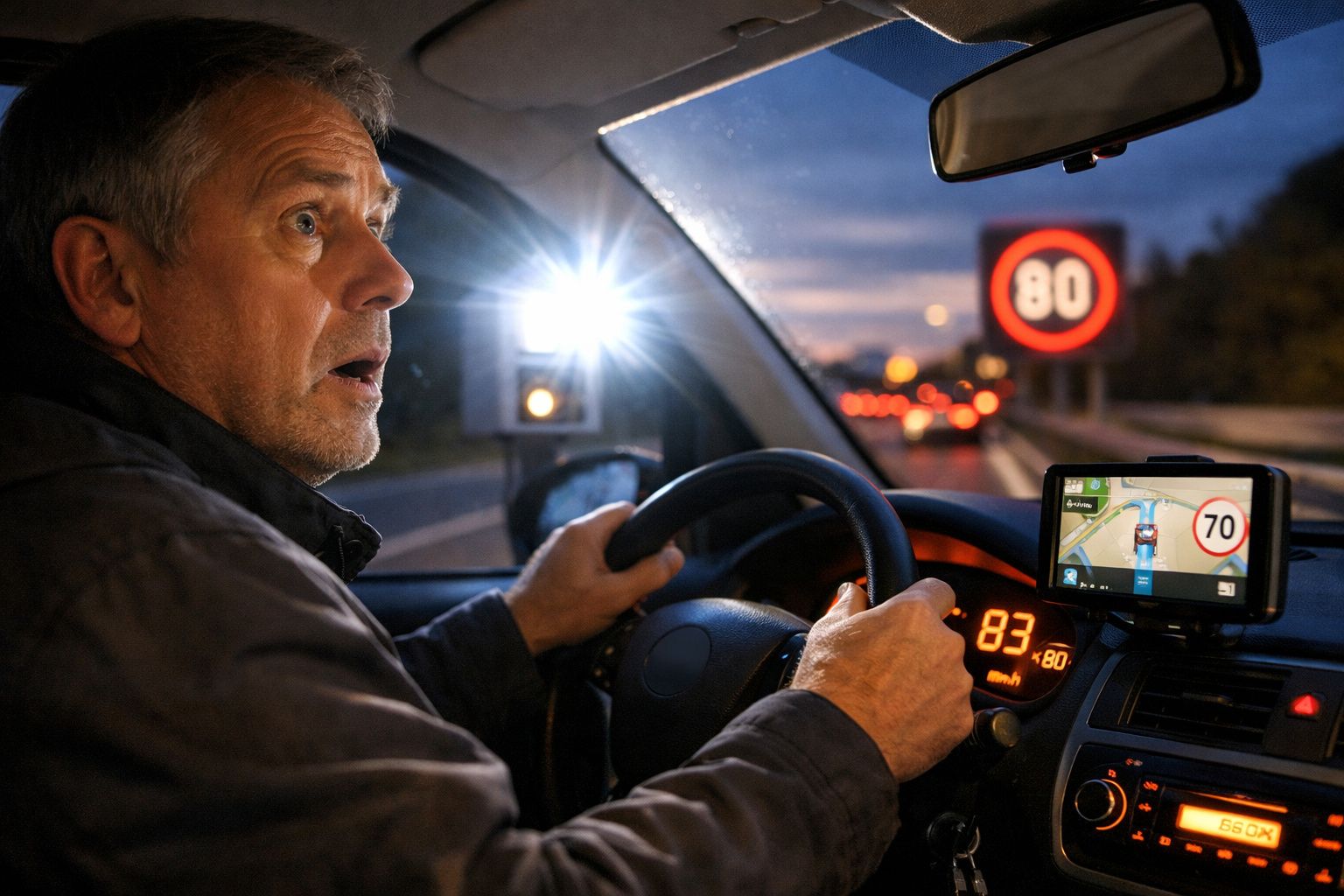 Homem a conduzir surpreendido por radar de velocidade numa estrada à noite, painel a mostrar 83 km/h.