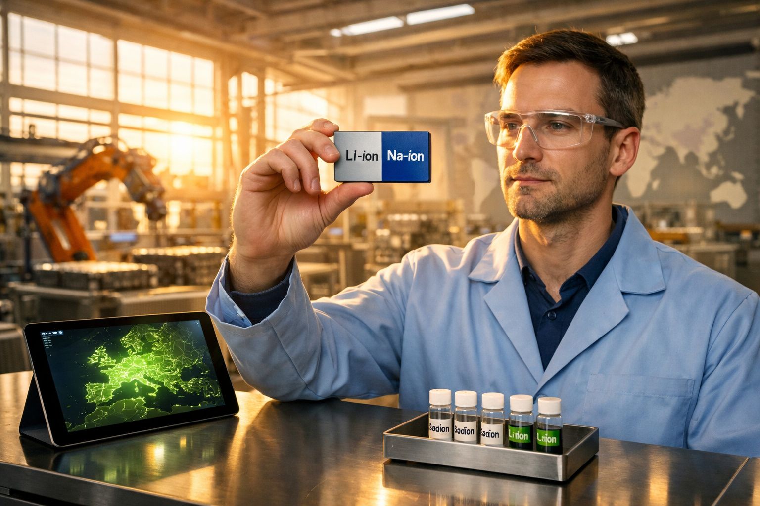 Cientista com óculos de proteção segura amostra de baterias de iões, num laboratório moderno.