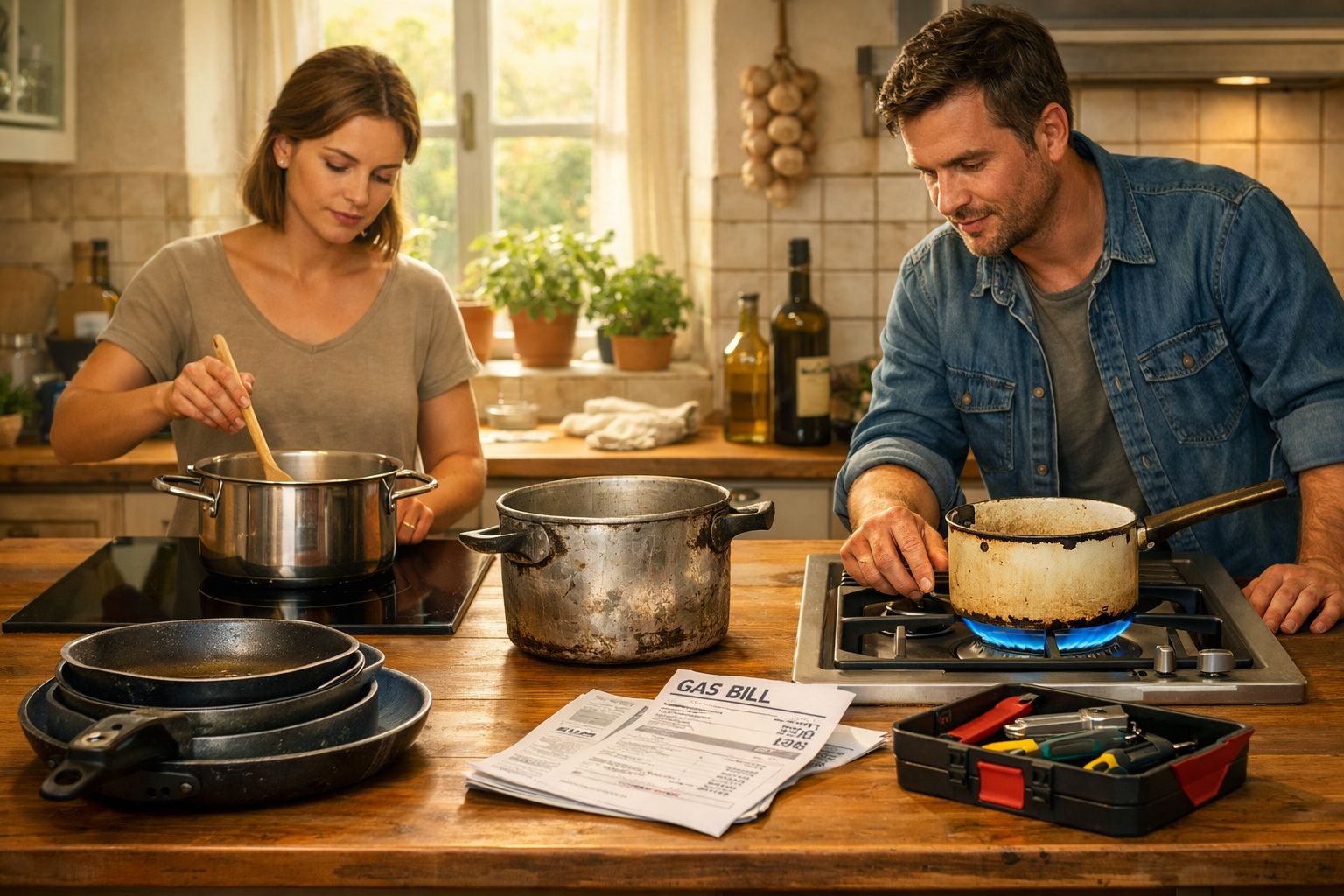 Casal cozinha junto numa cozinha rústica com várias panelas e contas de gás à frente.