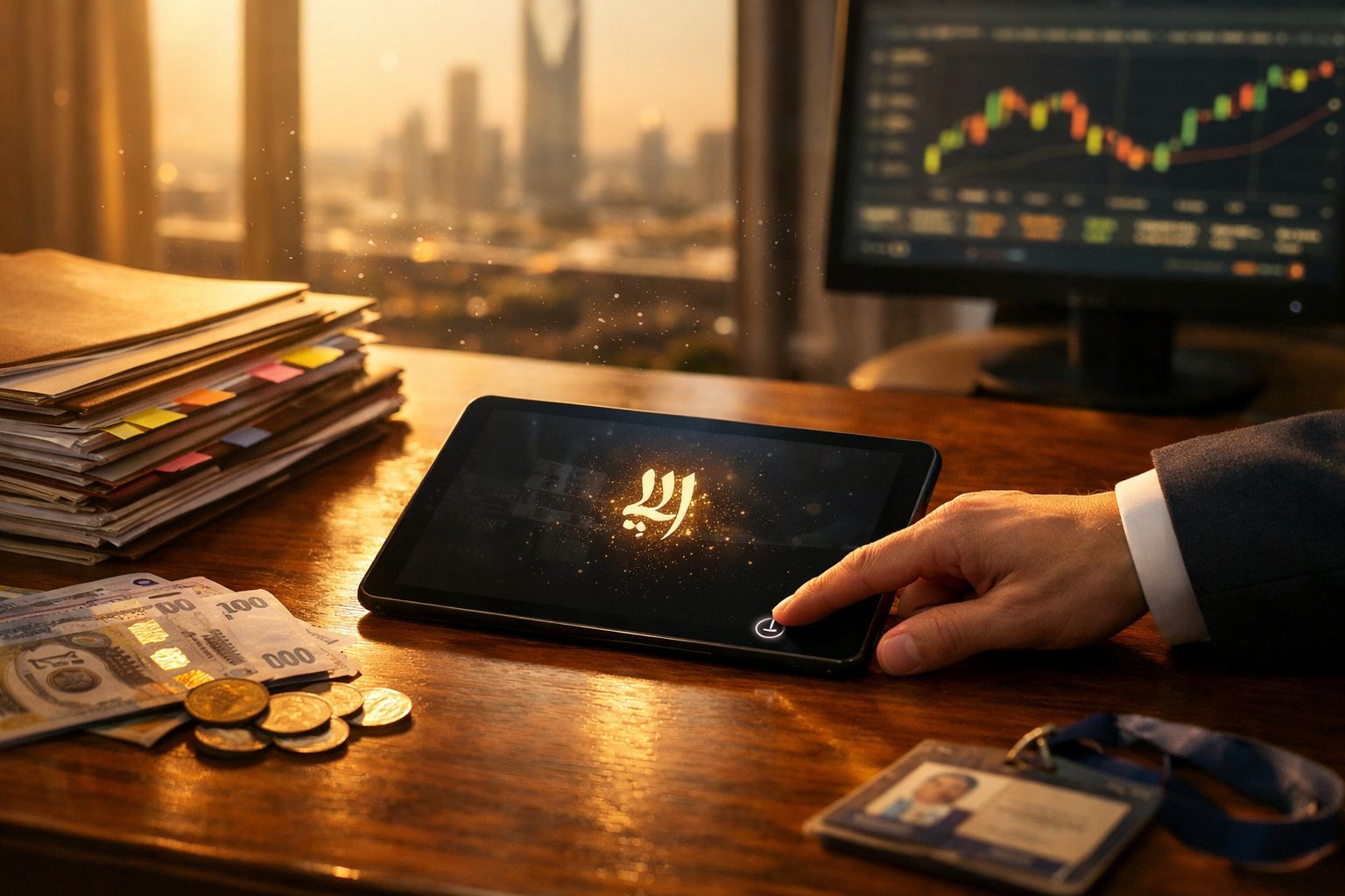 Mesa de escritório com tablet, dinheiro, documentos e monitor a mostrar gráficos financeiros.