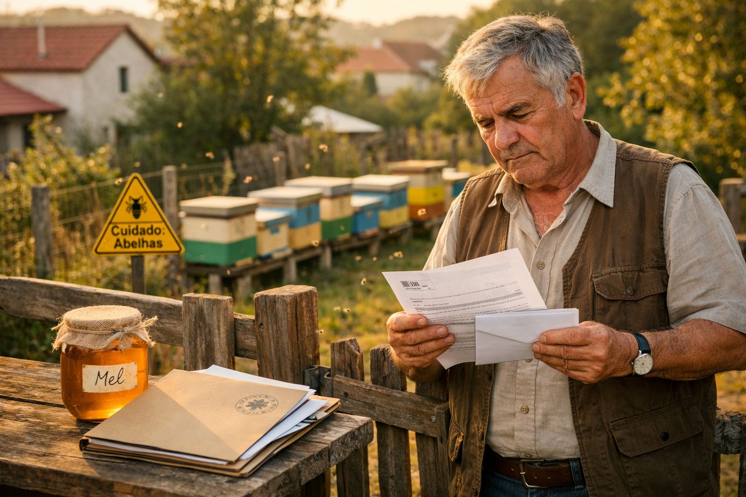 Homem idoso a ler documentos perto de colmeias e um frasco de mel com placa Cuidado: Abelhas.