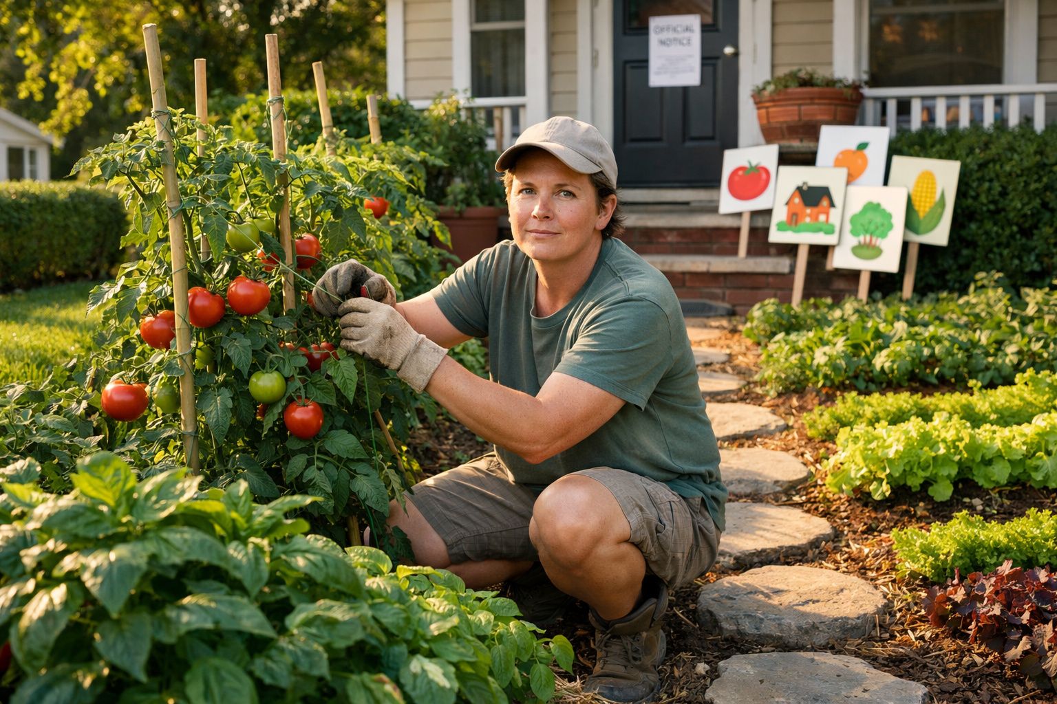 Mulher a colher tomates maduros numa horta junto a uma casa com placas ilustradas ao fundo.
