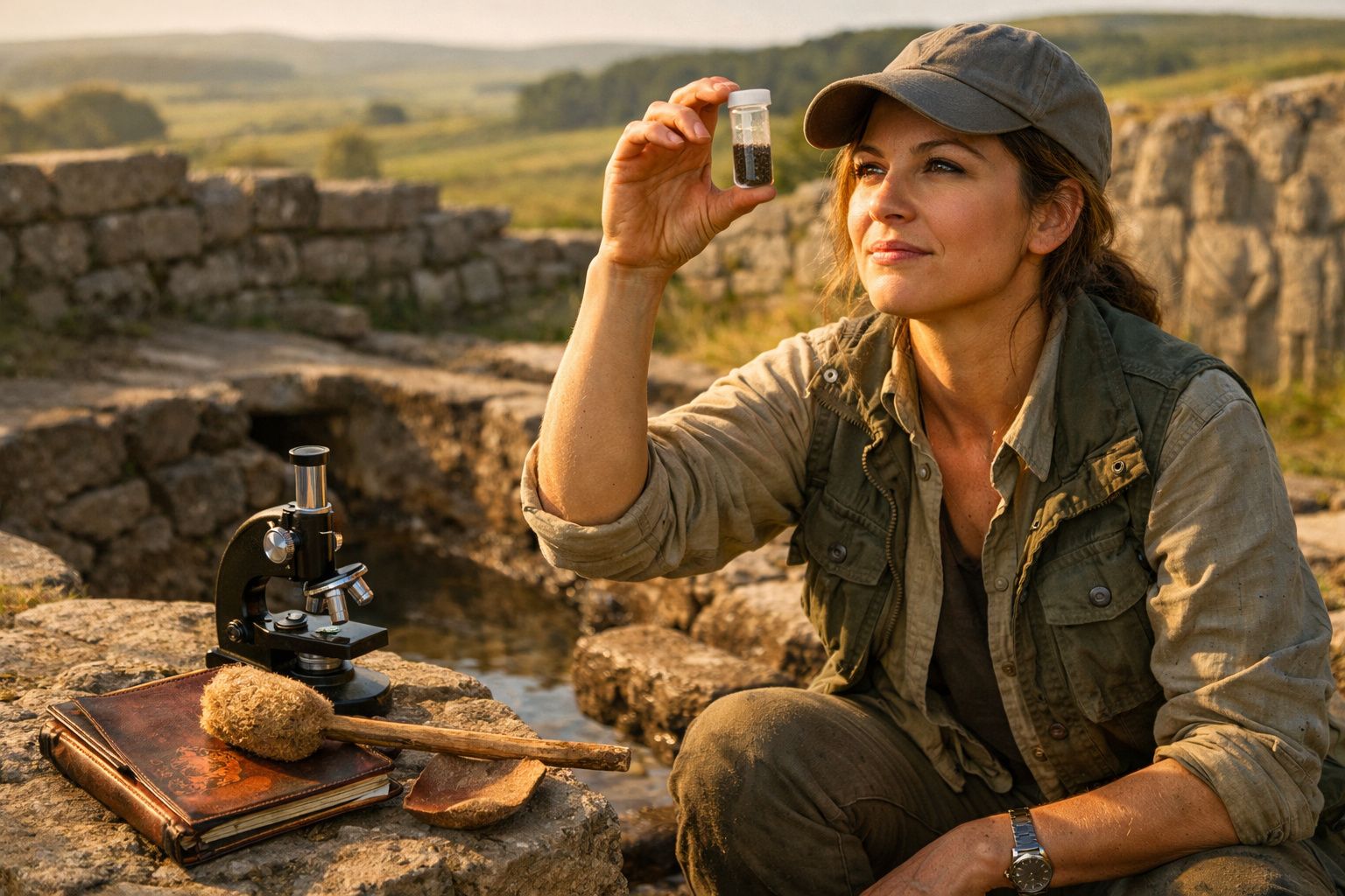 Mulher arqueóloga examina amostra de terra junto a microscópio e ferramentas numa escavação ao ar livre.