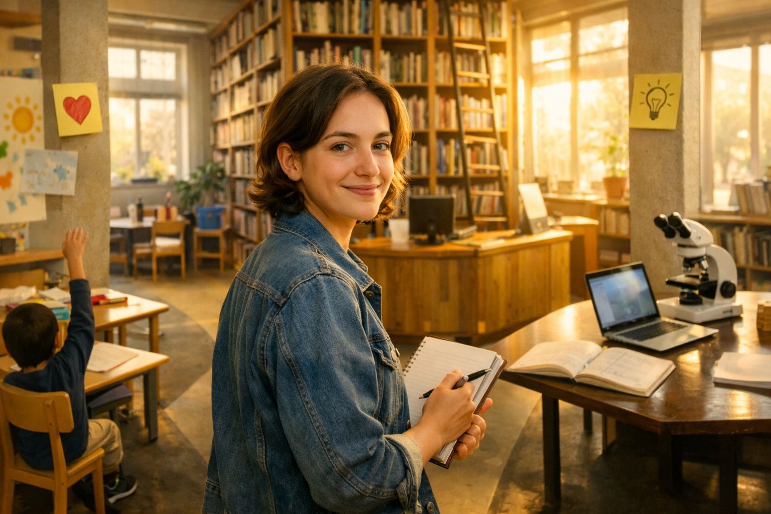 Jovem professora sorridente com caderno e caneta numa biblioteca iluminada, com criança a levantar a mão ao fundo.