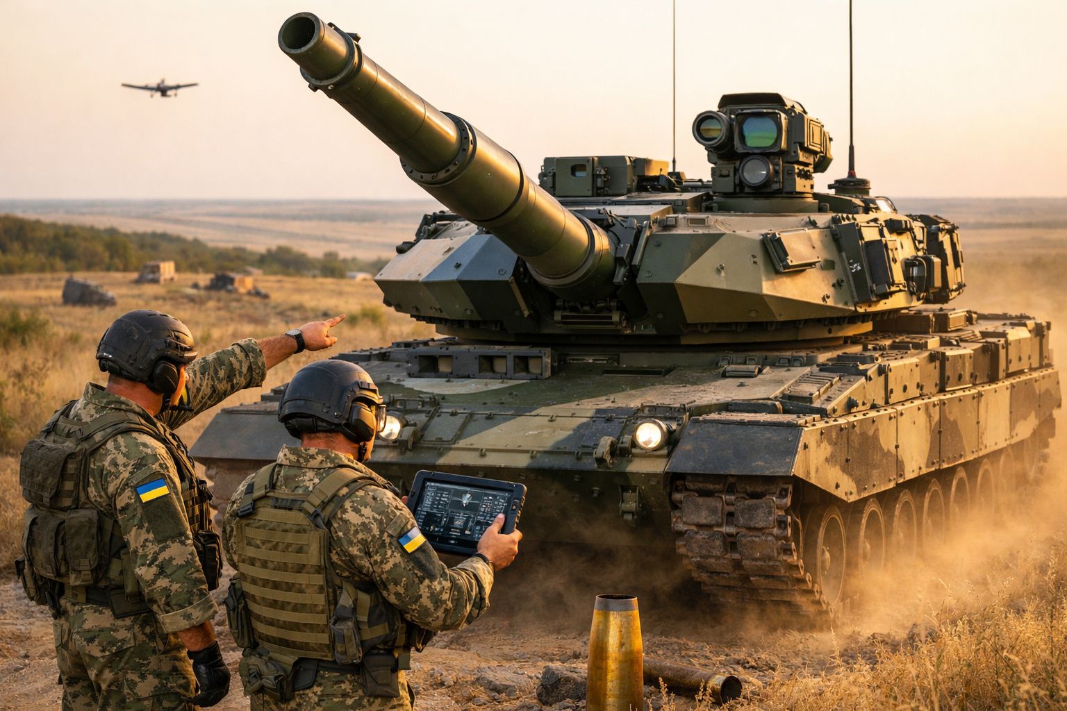Dois soldados da Ucrânia com equipamento tático controlam um tanque num terreno aberto com um avião ao fundo.