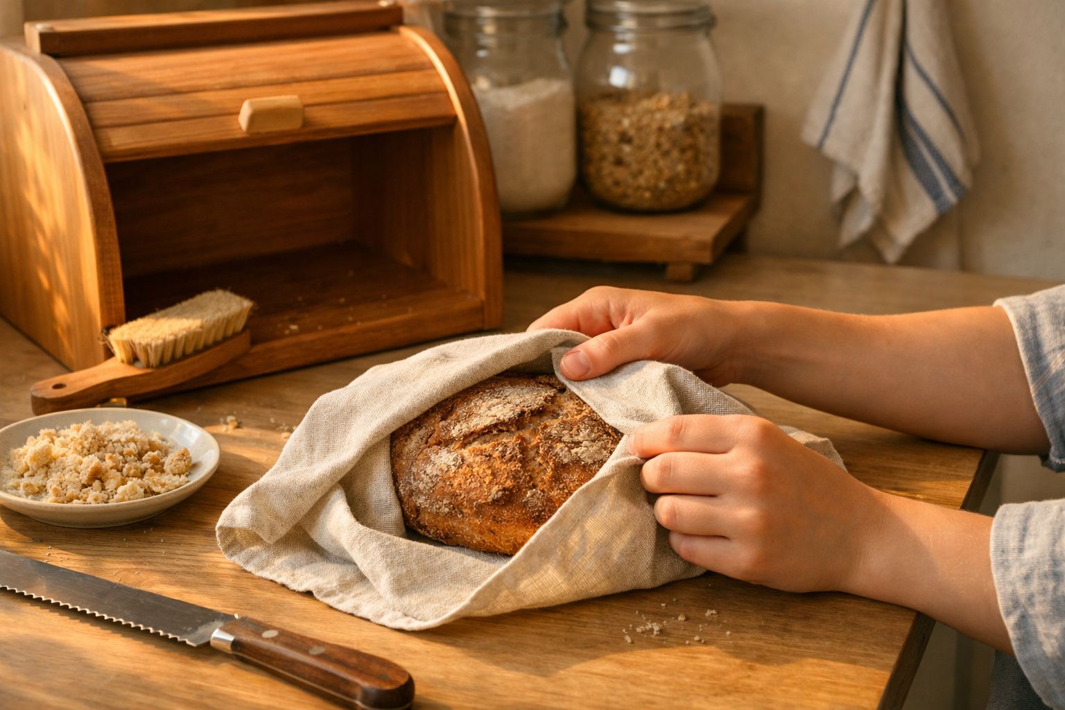 Pessoa a embrulhar pão rústico com um pano numa cozinha com utensílios de madeira.