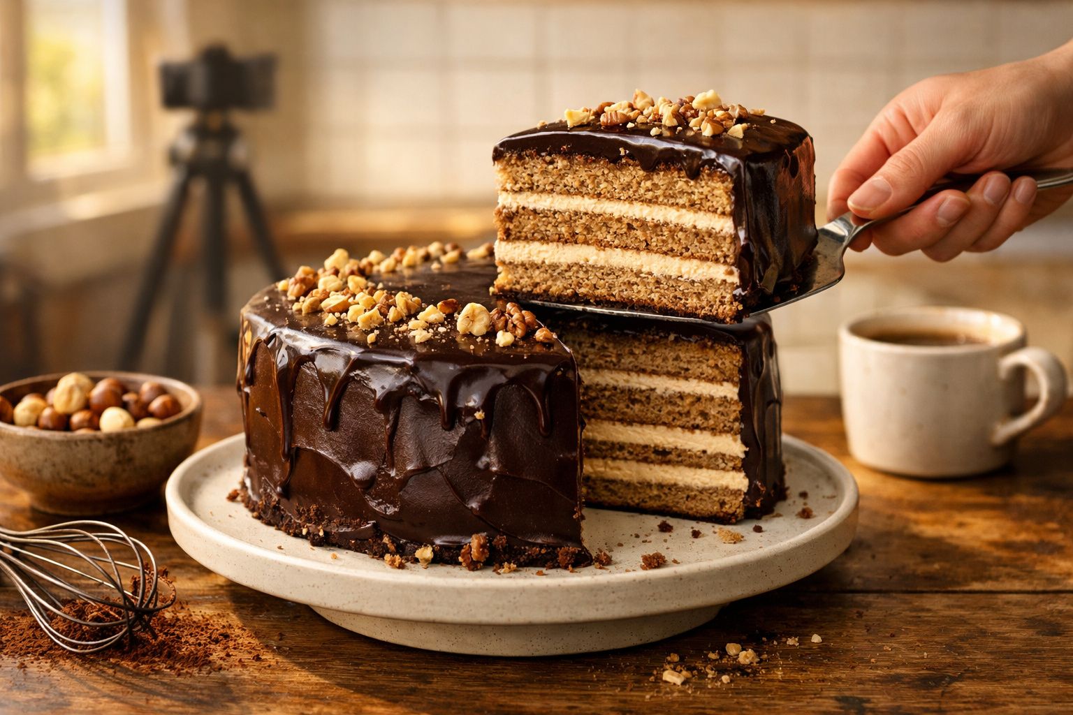 Bolo de chocolate com recheio cremoso e cobertura de chocolate e nozes, servido num prato branco.