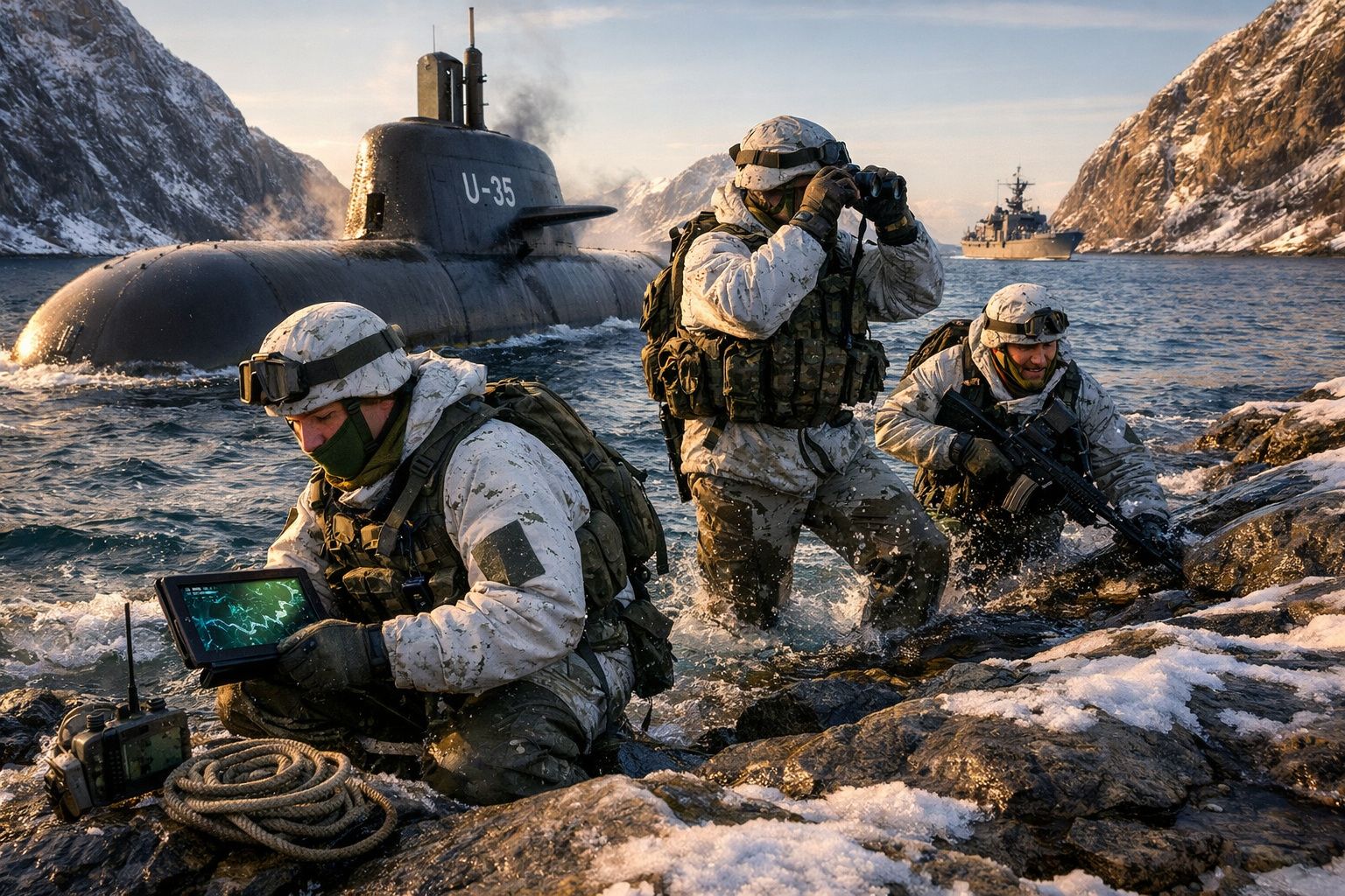 Soldados em uniforme de camuflagem branca com equipamento militar perto de submarino U-35 em costa rochosa nevada.