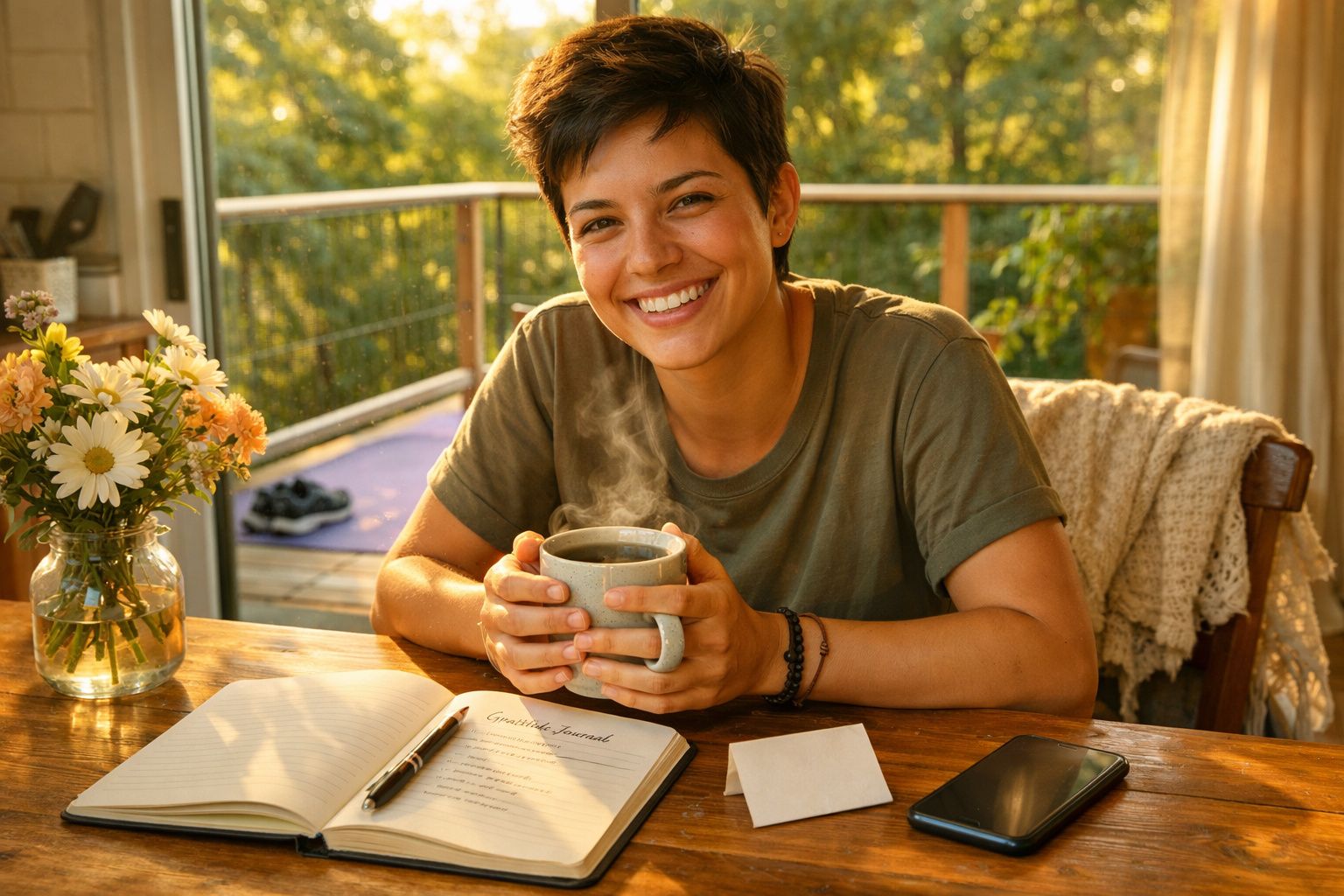 Pessoa sorridente a segurar caneca quente numa mesa com caderno, telemóvel e flores, num ambiente acolhedor.