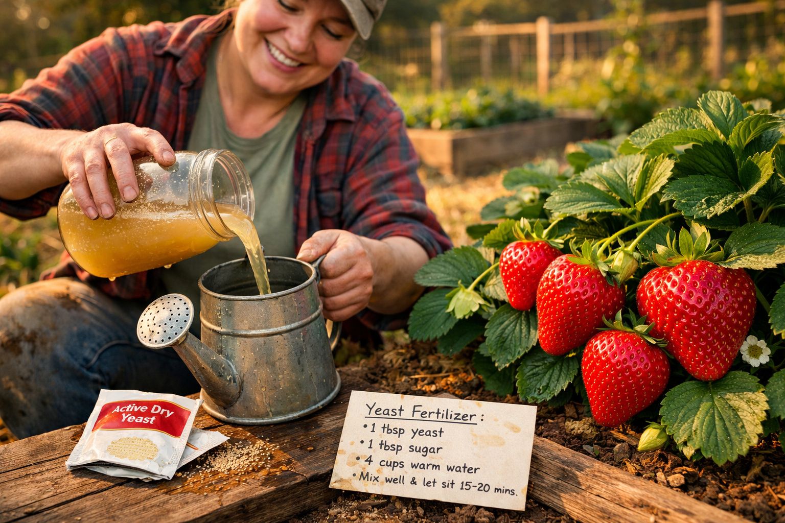 Pessoa a preparar fertilizante natural com fermento para plantas de morango num jardim.