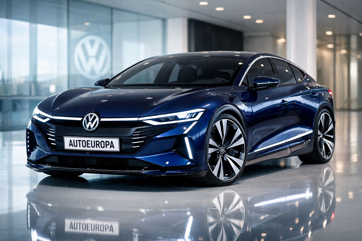 Carro elétrico Volkswagen azul escuro com design moderno em showroom iluminado.