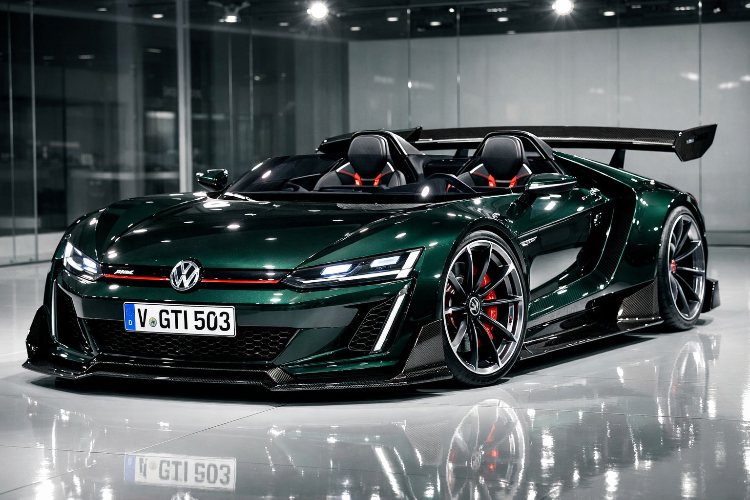 Carro desportivo Volkswagen conversível verde escuro com detalhes pretos e vermelhos num showroom moderno.