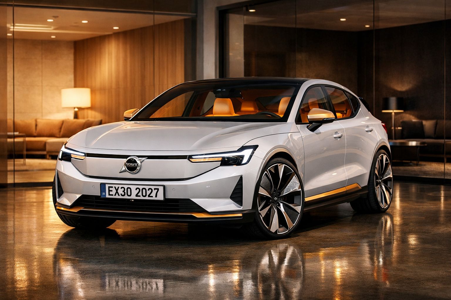 Carro elétrico Volvo EX30 branco estacionado dentro de uma sala moderna com móveis contemporâneos.