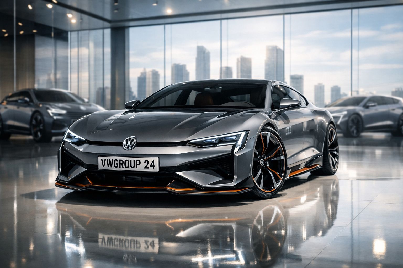 Carro desportivo elétrico Volkswagen cinzento exposto em showroom moderno com cidade ao fundo.