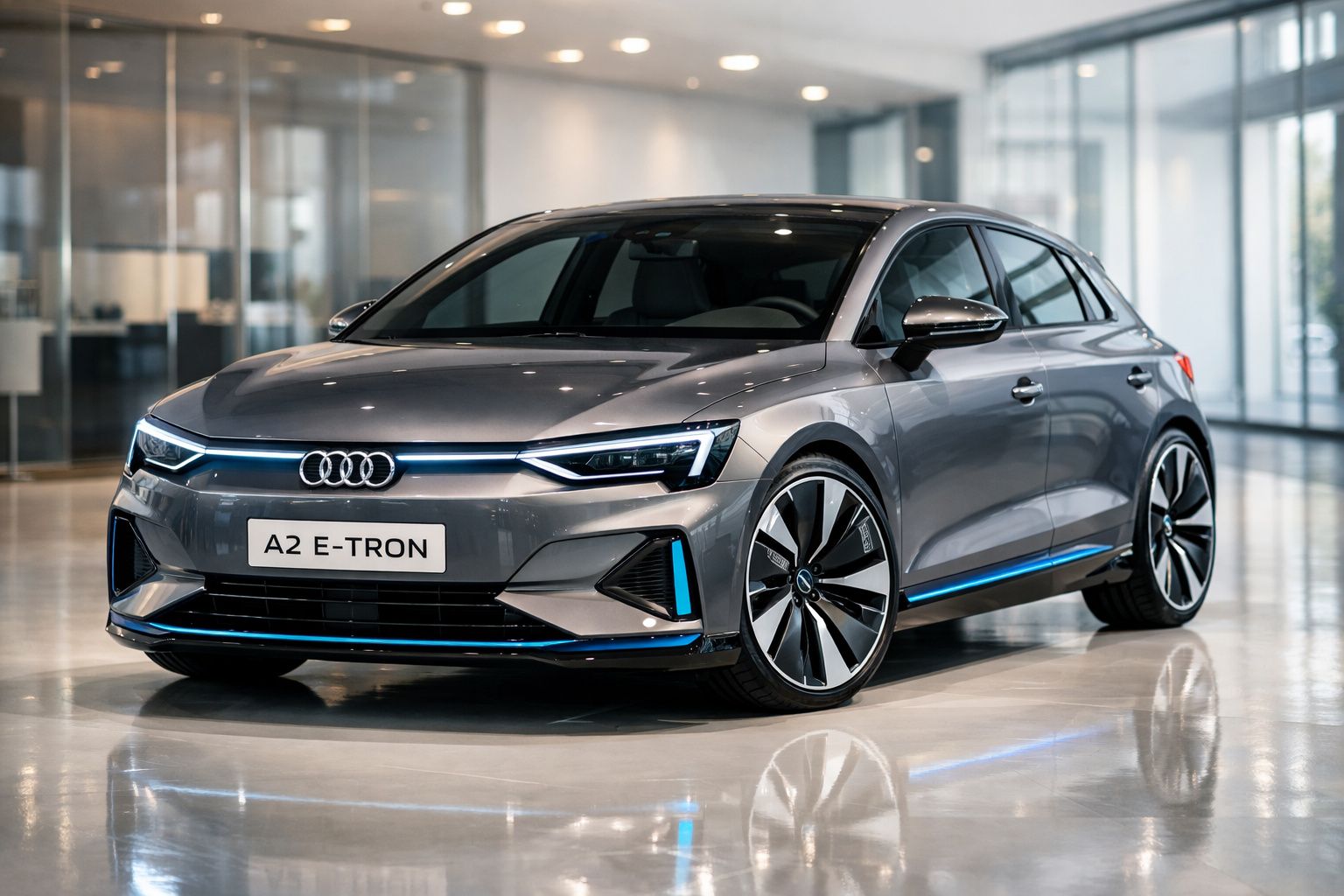 Automóvel Audi A2 E-Tron cinzento estacionado em interior moderno e luminoso.