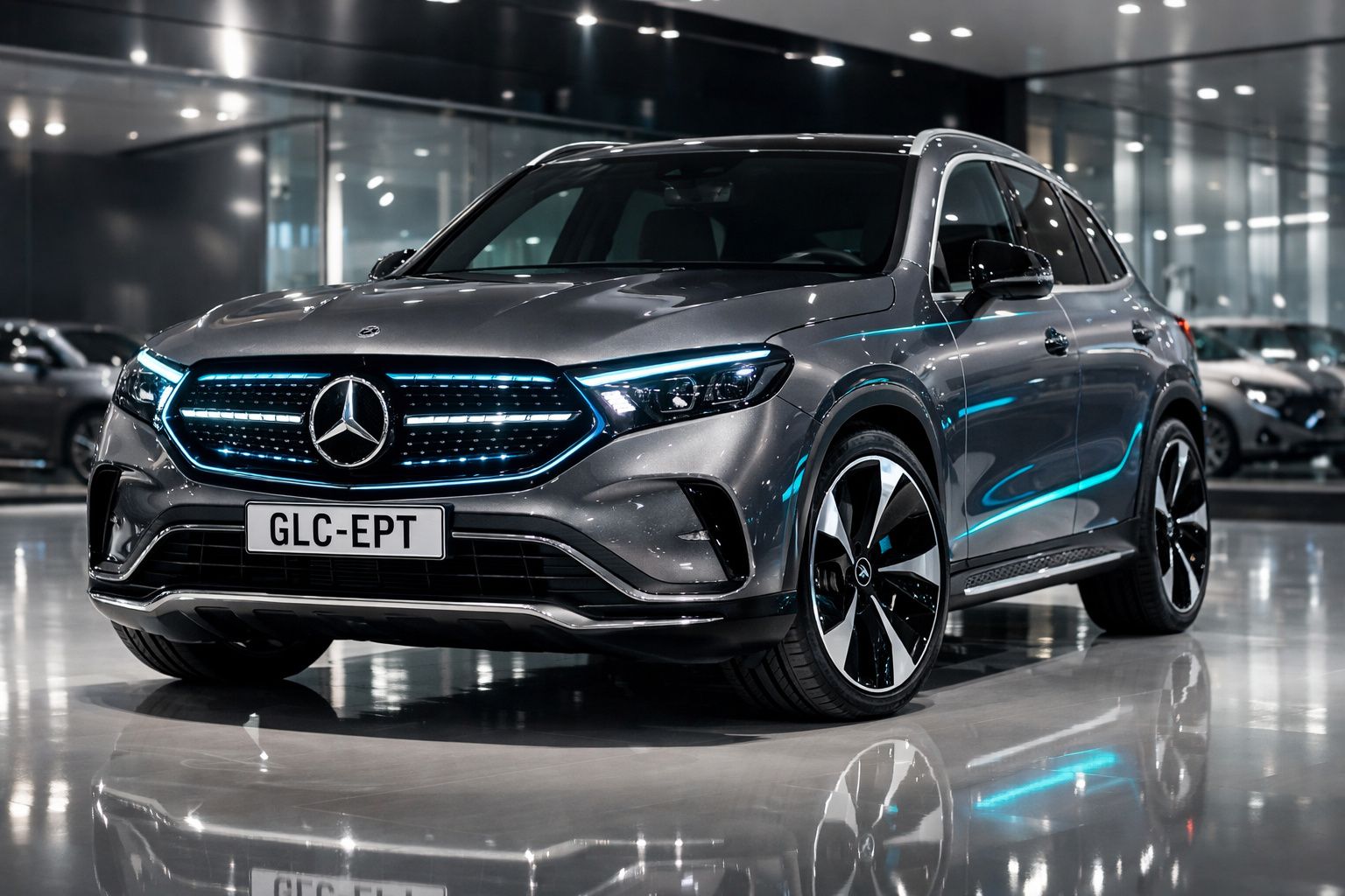 Carro Mercedes-Benz GLC elétrico cinza com luzes LED azuis em ambiente moderno e refletivo.