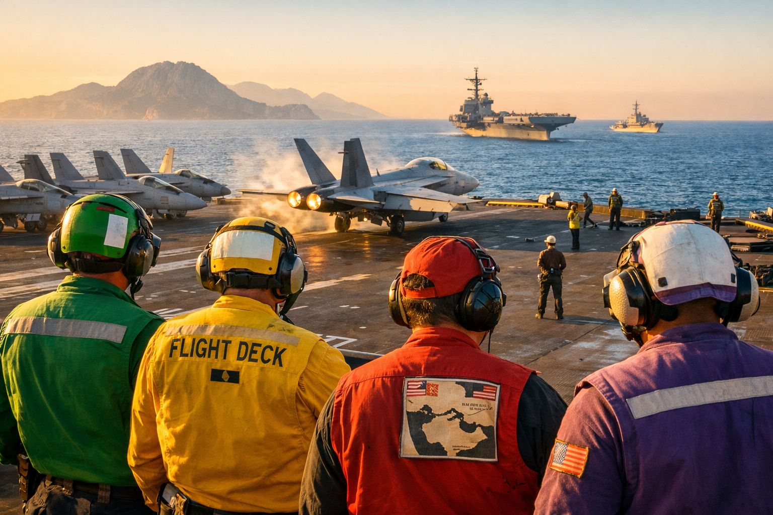 Quatro militares observam um caça F/A-18 a descolar de um porta-aviões no mar durante o pôr do sol.