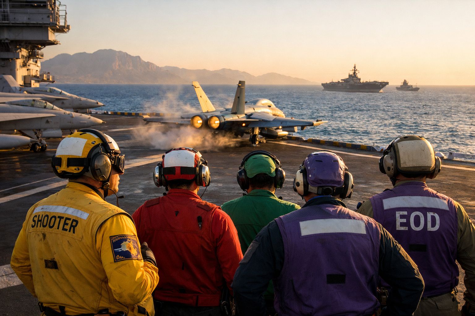 Cinco militares de costas observam caças num porta-aviões durante o pôr do sol no mar.