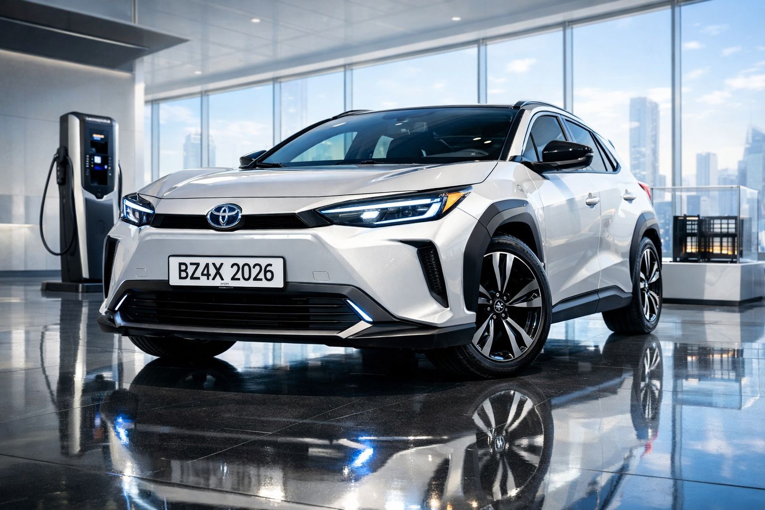 Carro elétrico Toyota BZ4X branco estacionado em interior moderno junto a posto de carregamento.