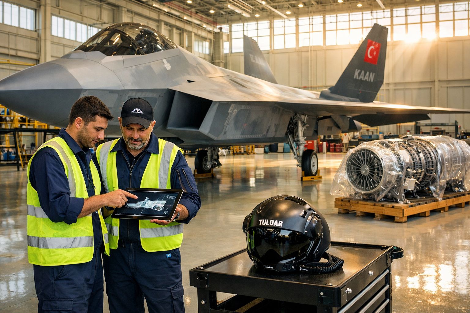 Dois técnicos em coletes reflectores analisam um tablet numa oficina com um avião militar e motores ao fundo.