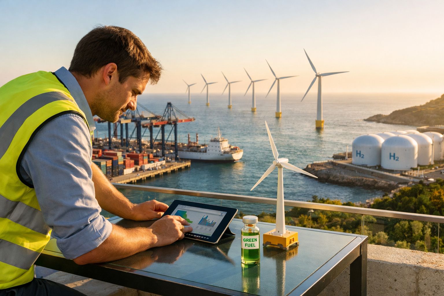 Homem com colete de segurança analisa gráficos em tablet com parque eólico e depósito de hidrogénio ao fundo.