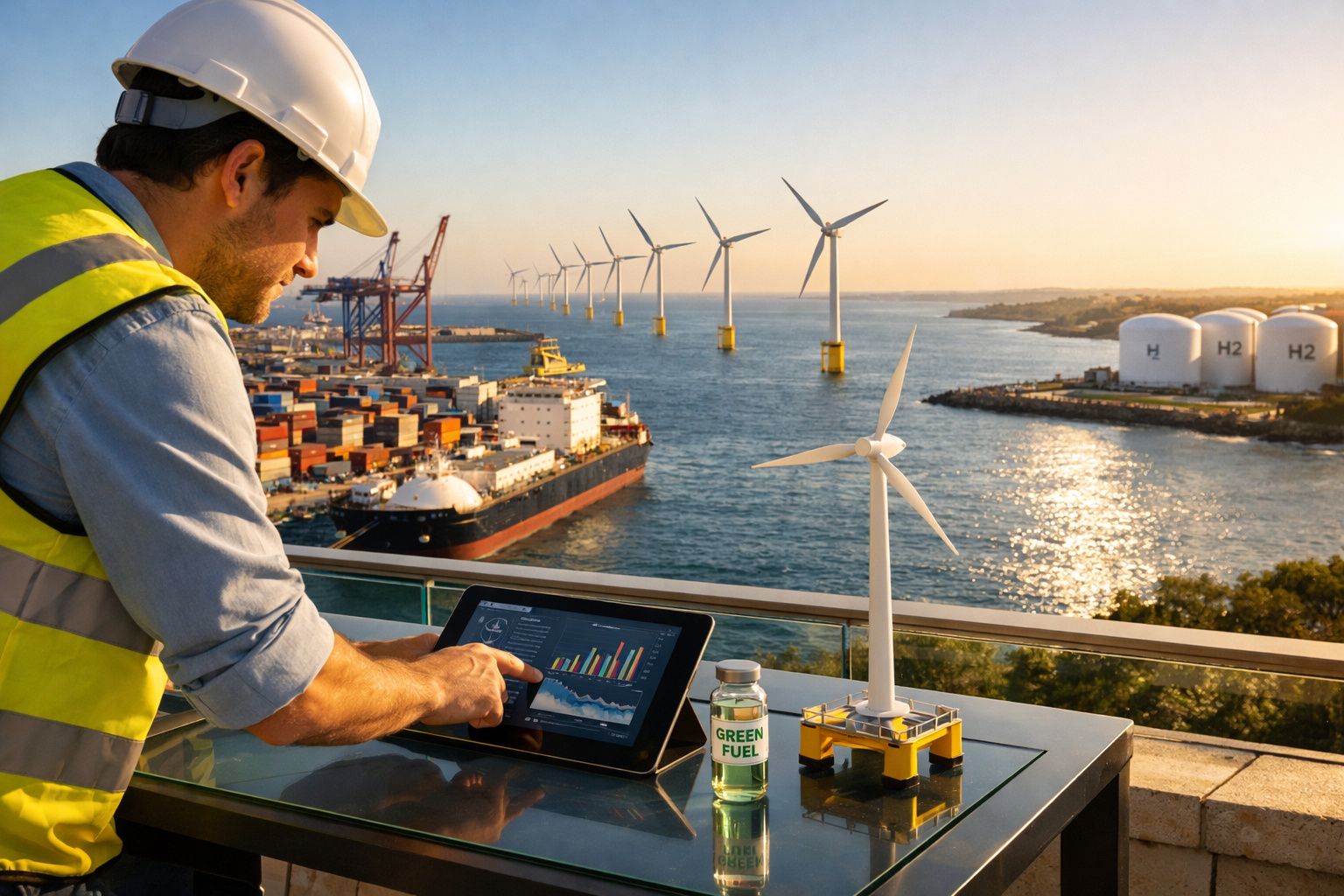 Homem com colete e capacete analisa dados em tablet junto a modelo eólica e frasco de combustível verde junto ao porto.