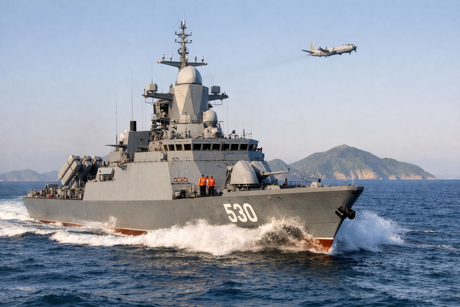 Navio de guerra cinzento com número 530 navega em mar calmo e avião sobrevoa com ilha ao fundo.