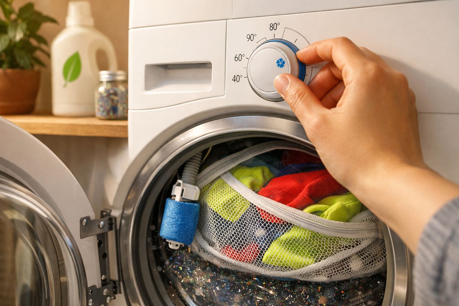 Mão a rodar o seletor de temperatura numa máquina de lavar com roupa colorida dentro da máquina.