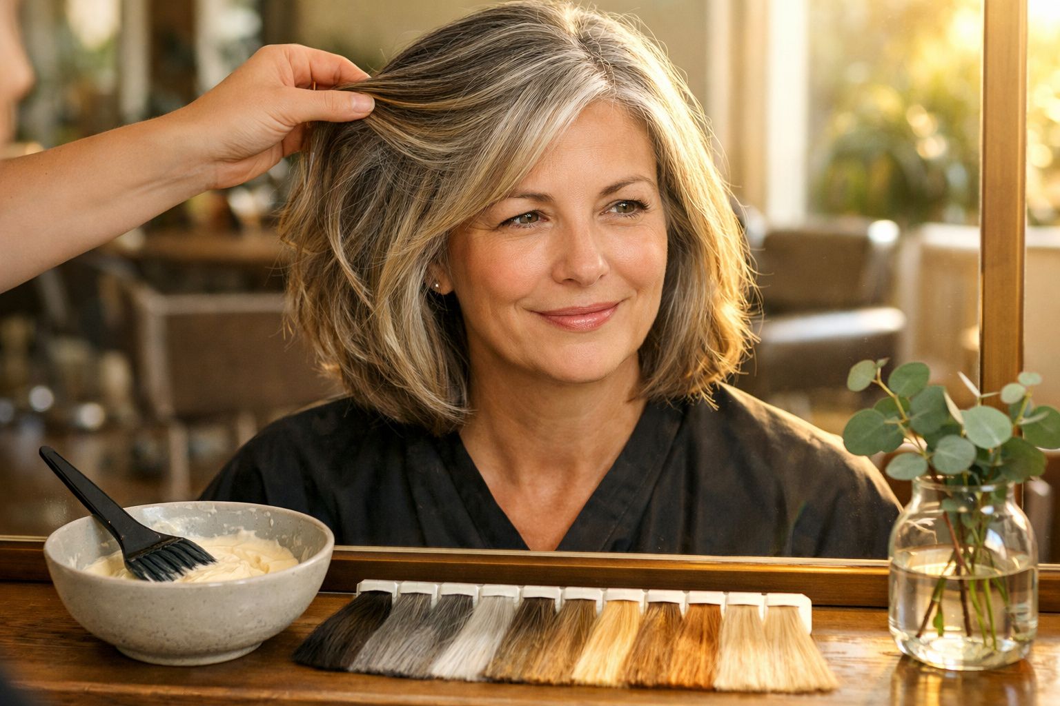 Mulher sorridente a olhar ao espelho enquanto uma mão toca o cabelo, com amostras de cores e creme à frente.