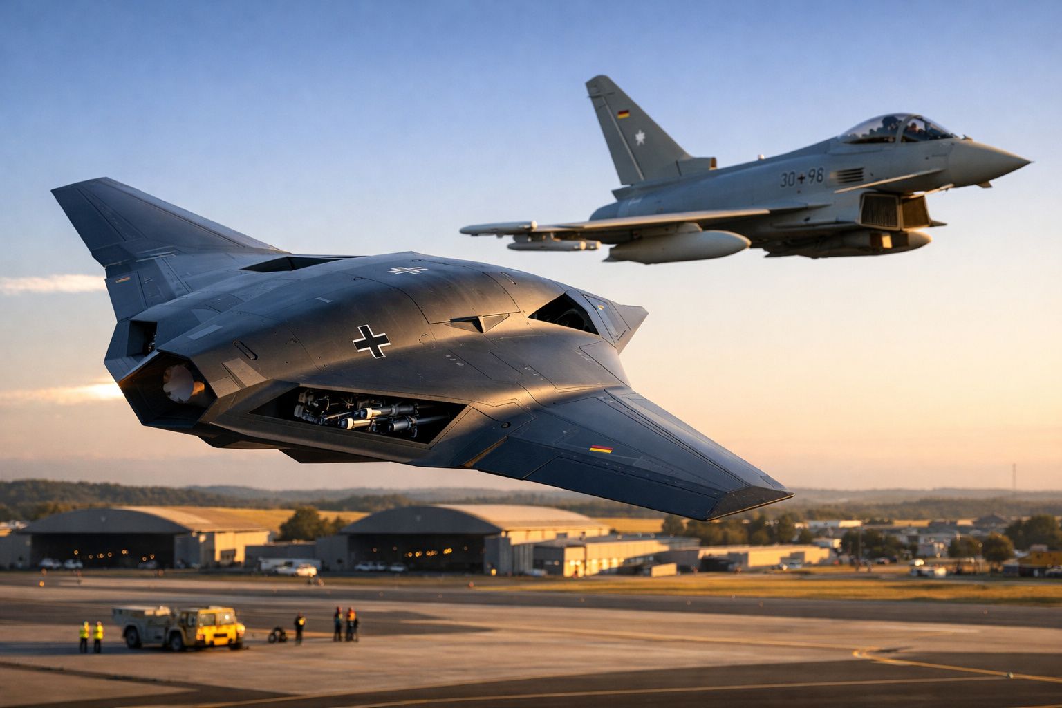 Dois aviões militares em voo, um stealth preto e outro cinzento, sobre uma base aérea ao pôr do sol.