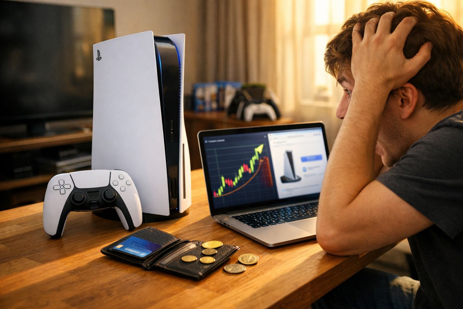 Homem preocupado com finanças avalia gráfico de ações da consola PlayStation 5 num computador portátil.