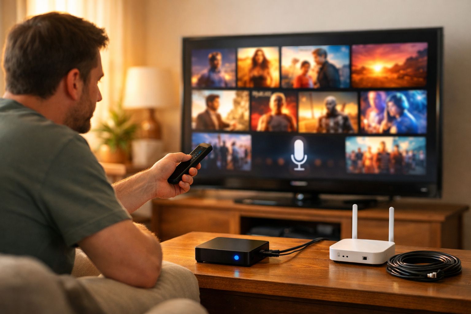 Homem sentado no sofá a usar comando para escolher filmes numa televisão com comandos e router na mesa.