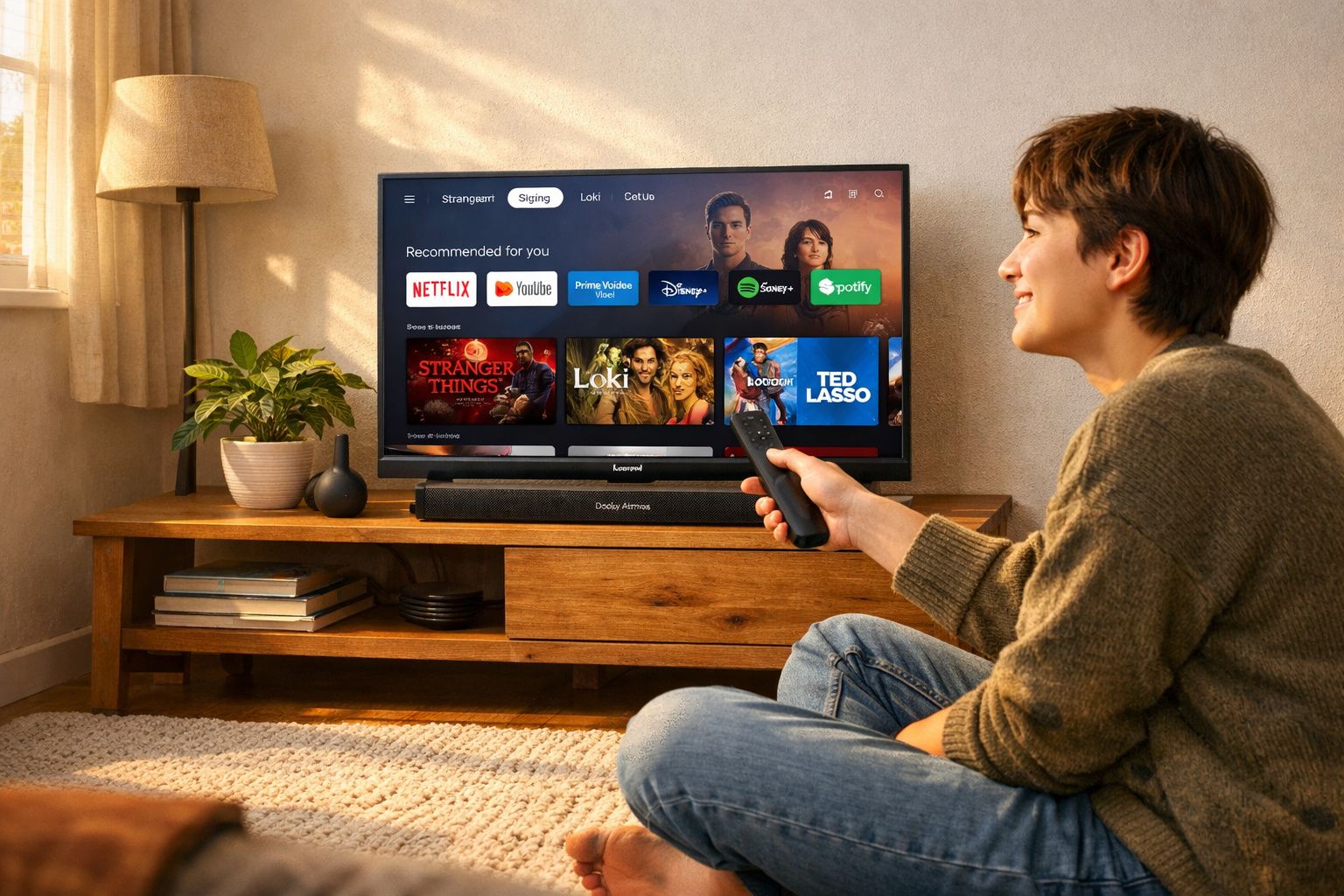 Pessoa sentada no chão a usar comando para escolher séries numa televisão numa sala acolhedora.