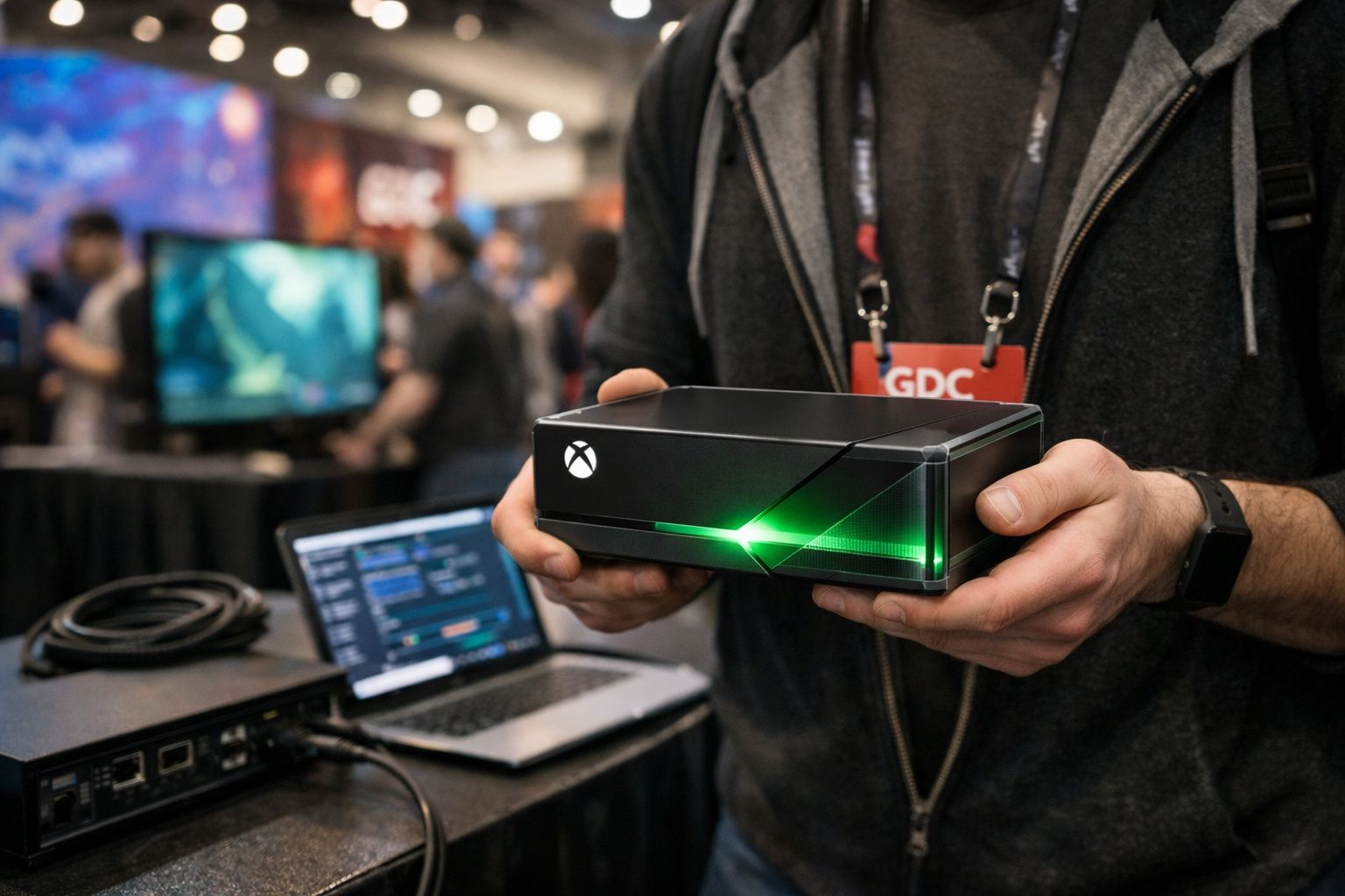 Pessoa segurando uma consola Xbox com um LED verde ligado, num ambiente de evento tecnológico.
