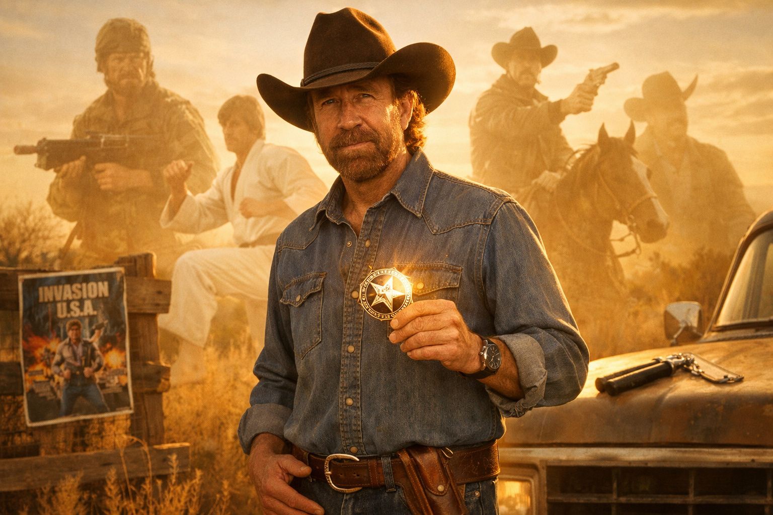 Homem de chapéu e camisa jeans segura uma estrela de xerife num cenário com outros homens e armas.