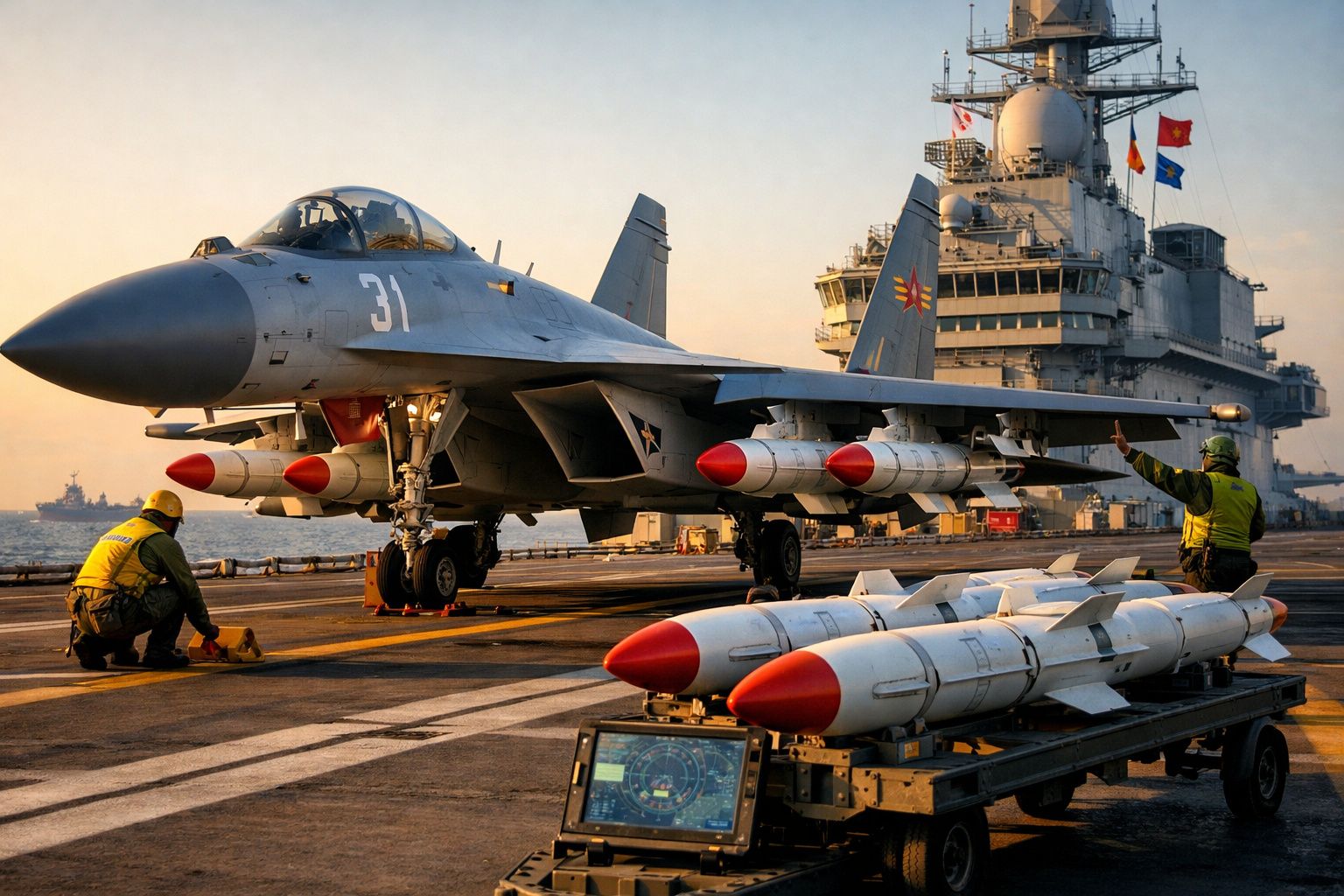 Caça militar na pista de um porta-aviões com dois militares e mísseis ao pôr do sol.