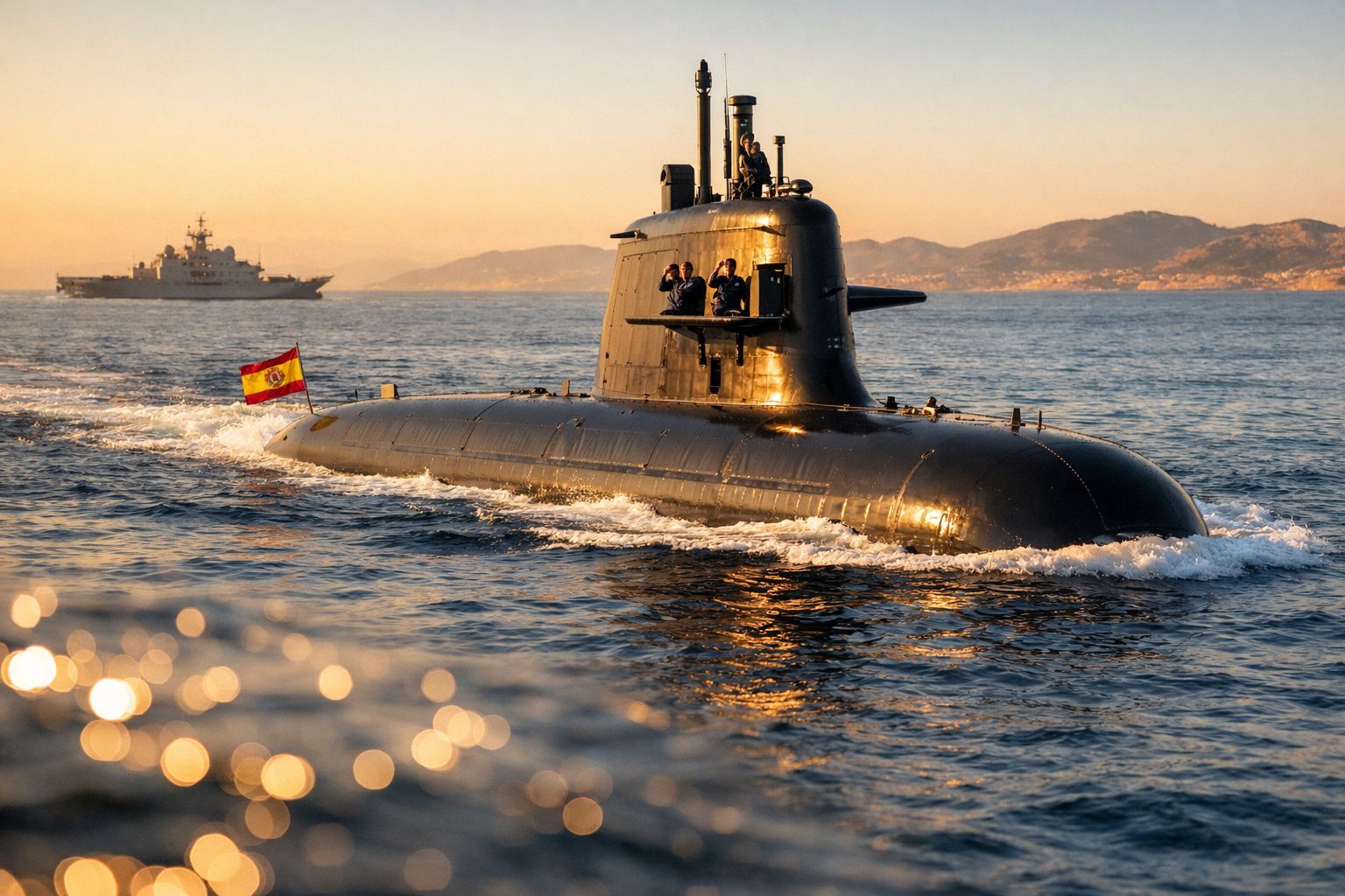 Submarino espanhol a navegar ao pôr do sol com militares a bordo e navio ao fundo nas águas calmas.