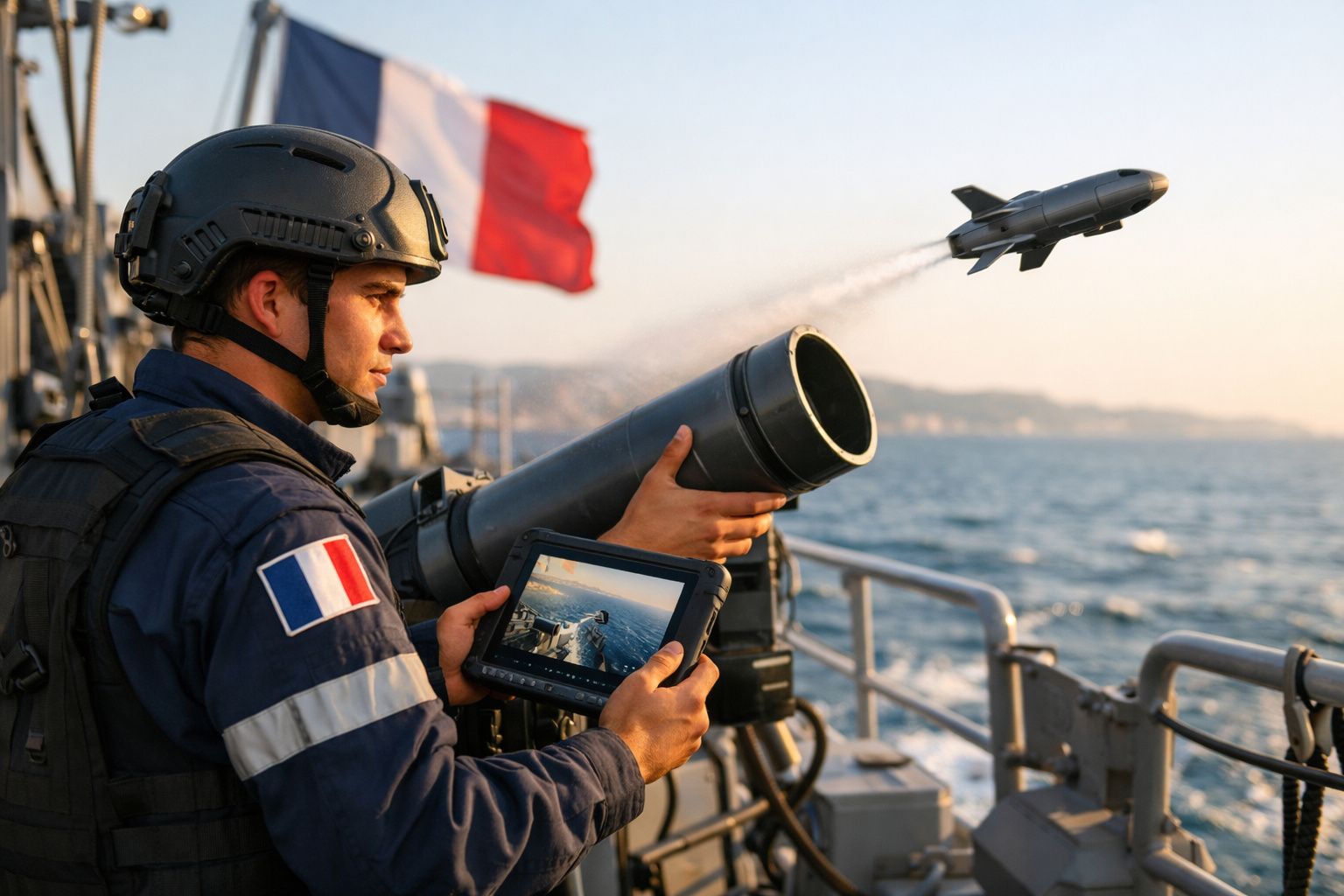Soldado da marinha francesa opera lançamento de míssil a partir de navio no mar ao pôr do sol.