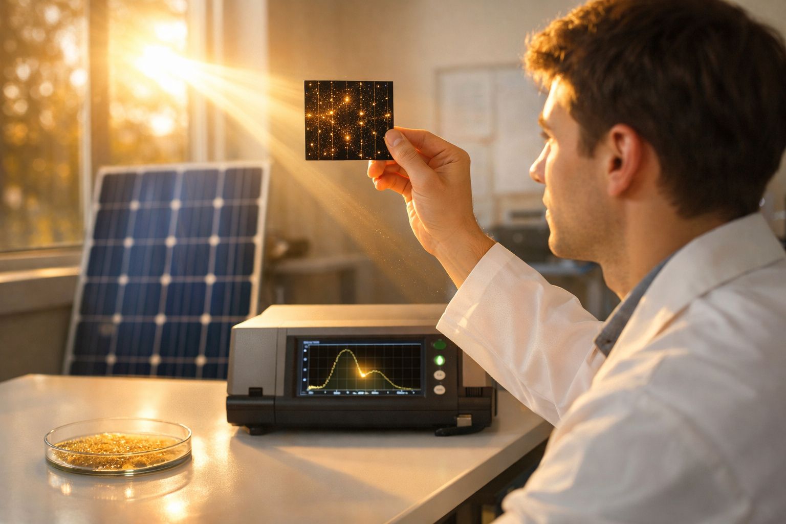 Cientista de laboratório a analisar célula solar em ambiente com painéis e equipamentos tecnológicos.