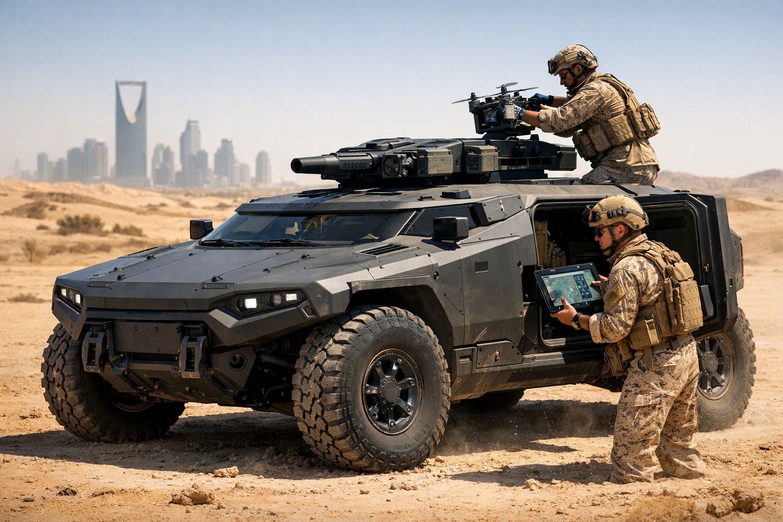 Dois soldados em uniforme desert camuflado com veículo militar blindado preto e cidade ao fundo.