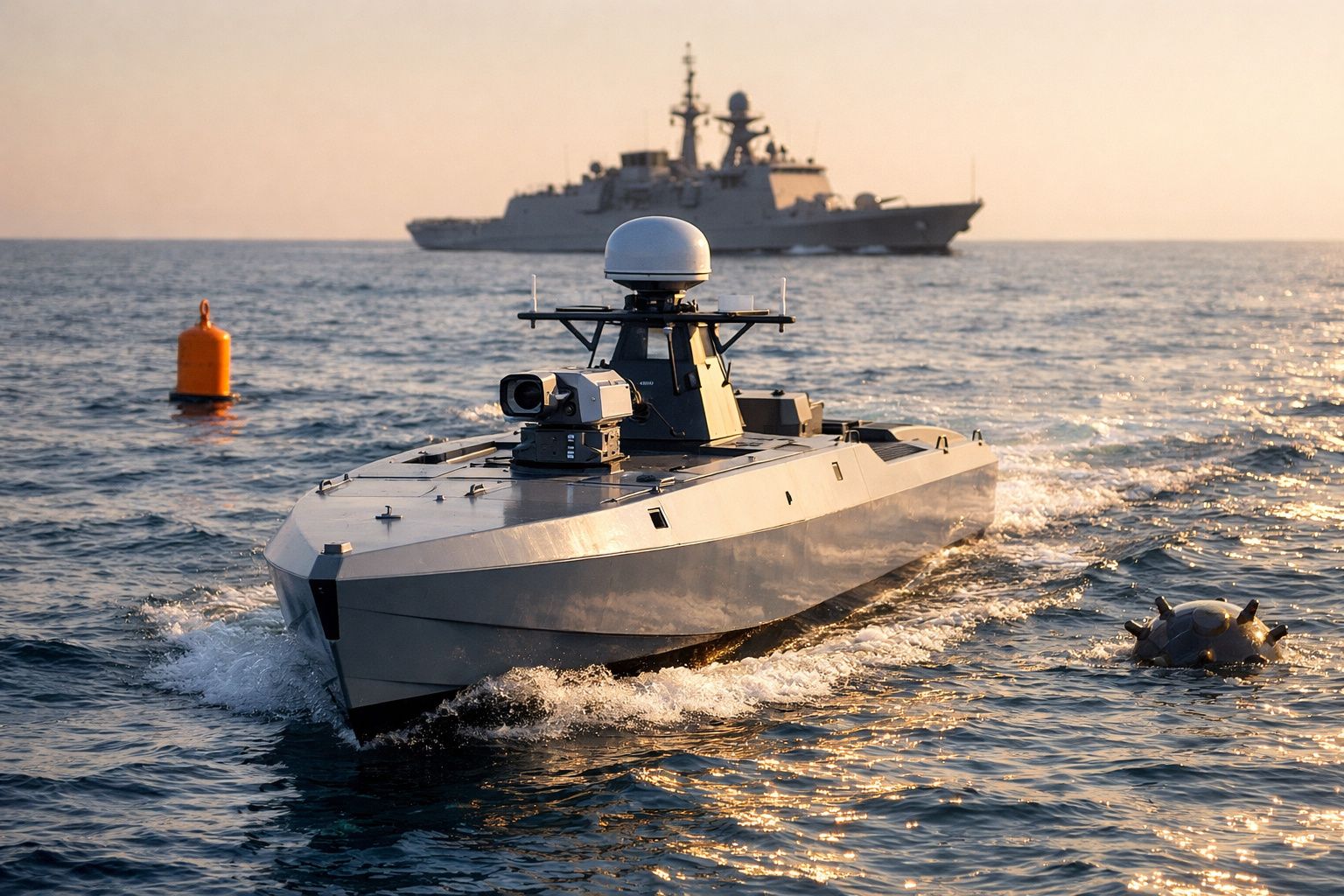Barco militar não tripulado a navegar no mar com um navio de guerra ao fundo ao pôr do sol.
