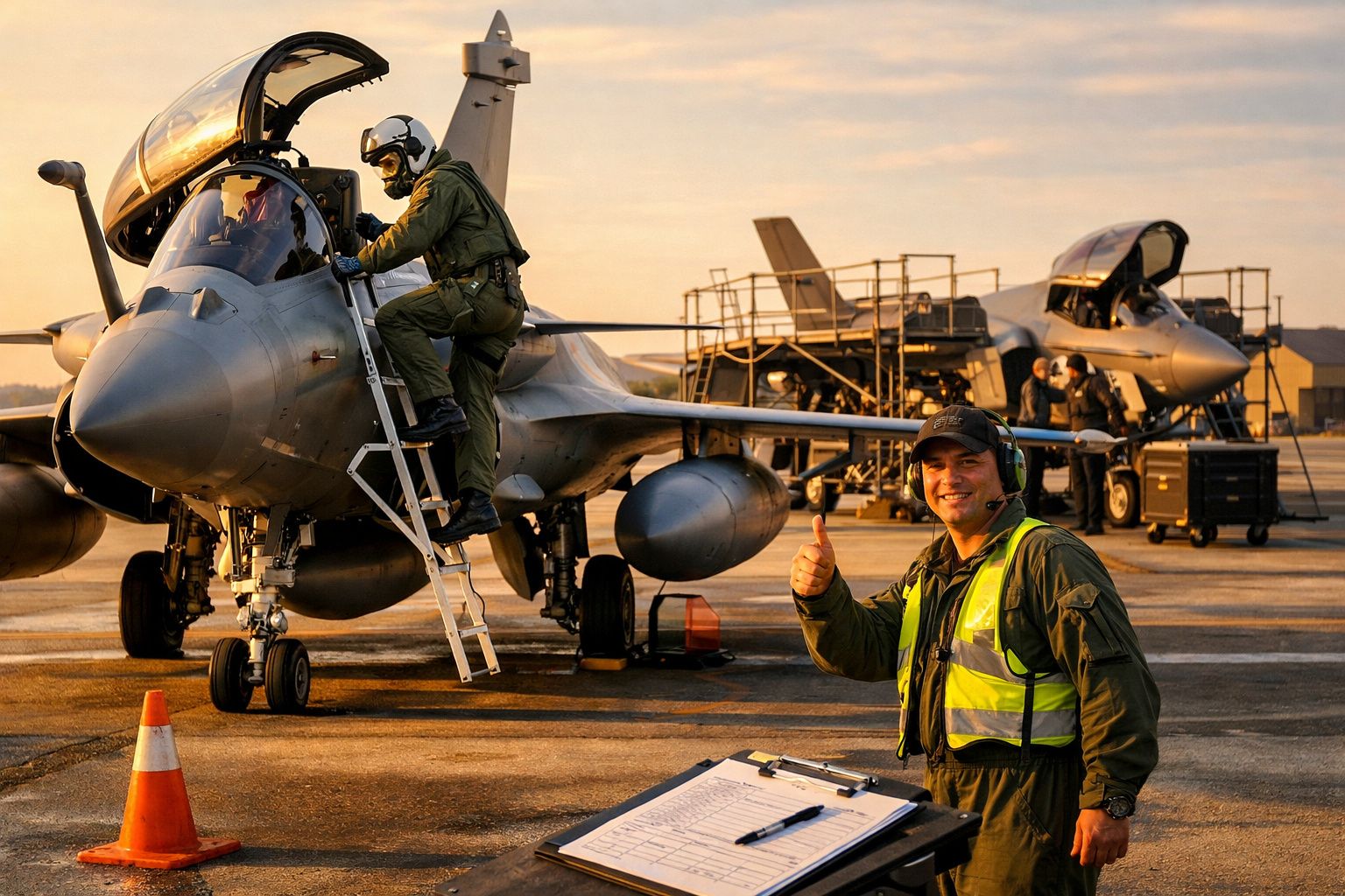 Piloto a entrar num caça militar na pista com técnico em colete refletor a sorrir e a fazer OK.