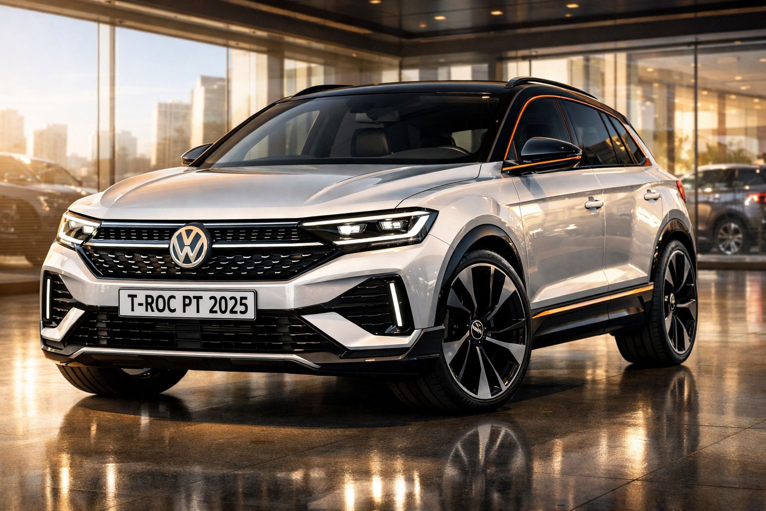 Carro Volkswagen T-Roc 2025 cinza prateado estacionado dentro de showroom iluminado.